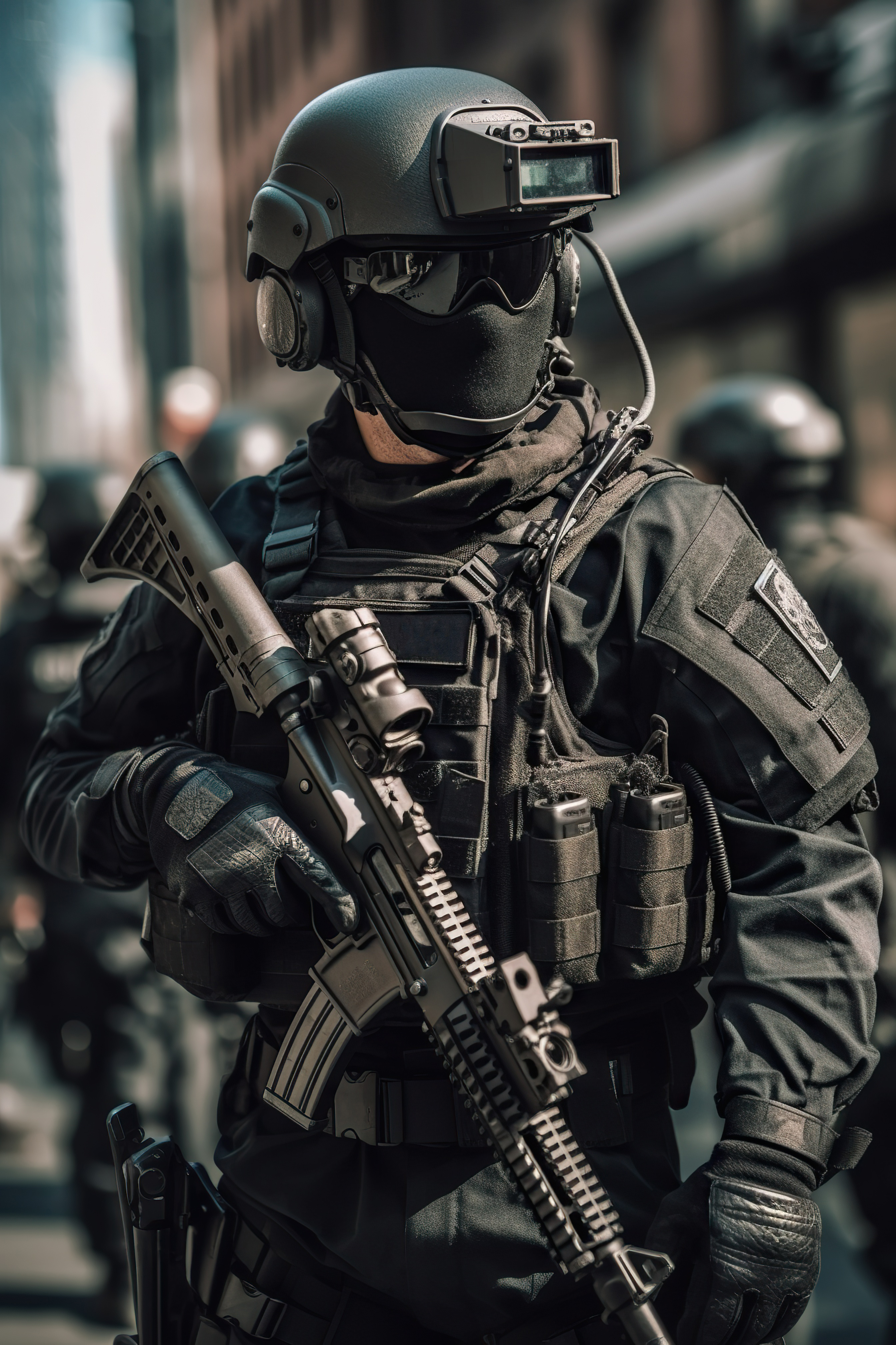 Police officers in full gear patrolling the streets, AI Generative