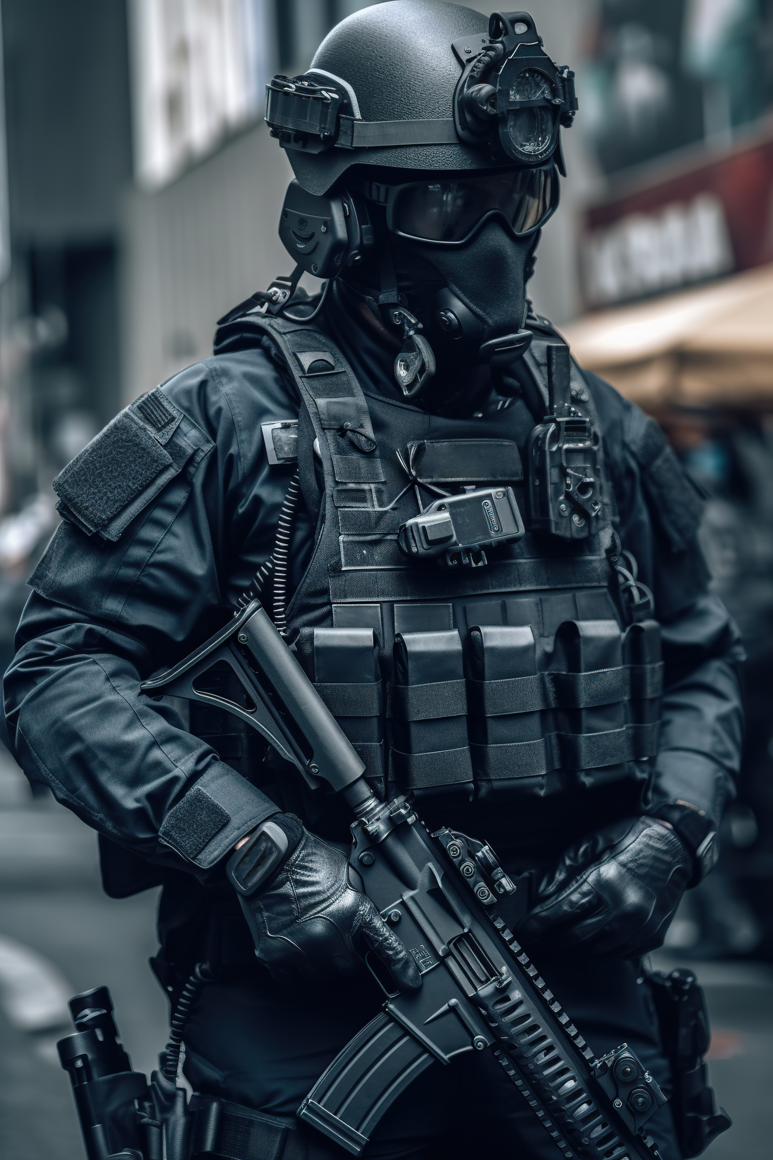 Police officers in full gear patrolling the streets, AI Generative