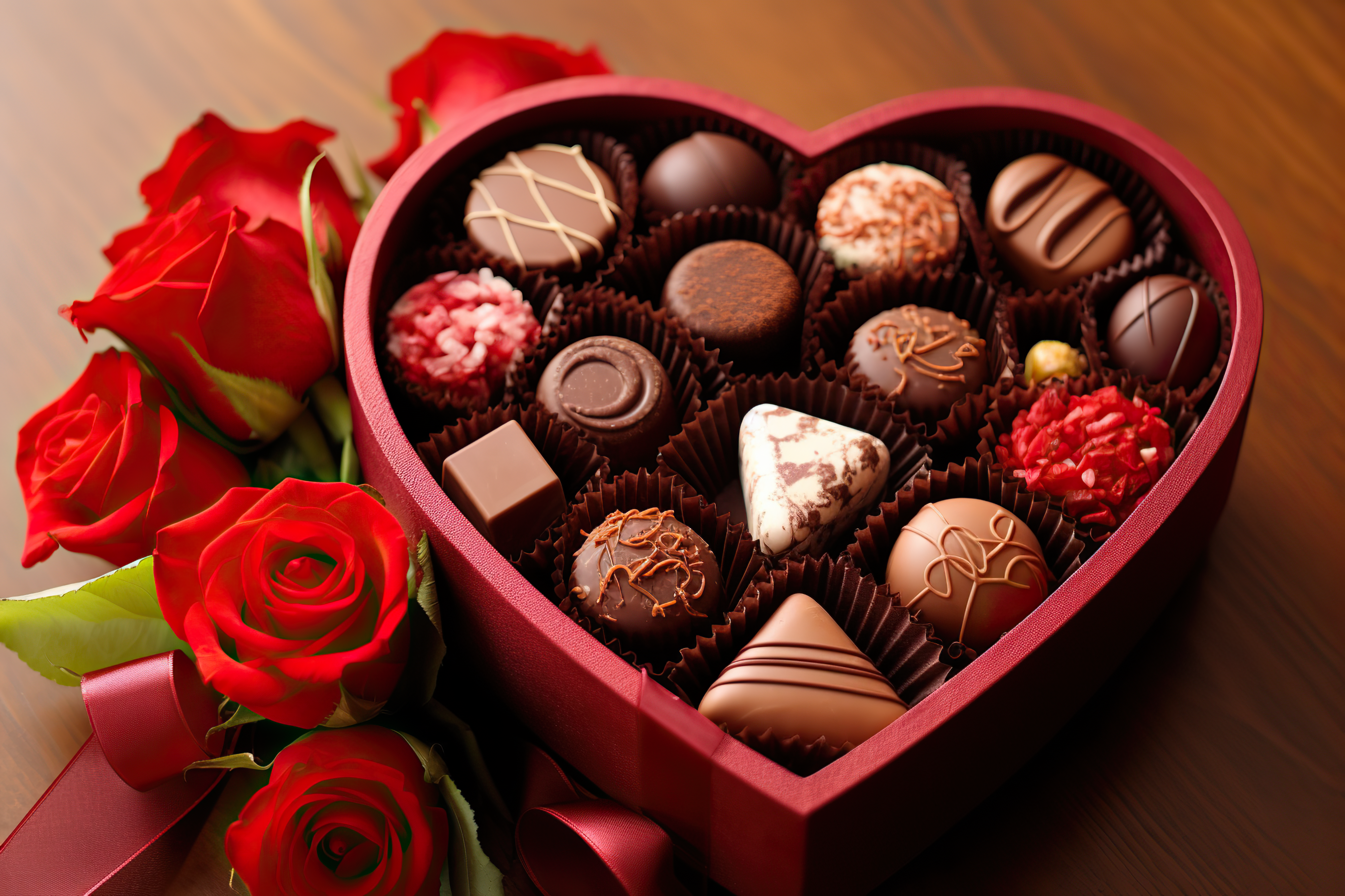 Rose bouquet of flowers and heart shape chocolate box