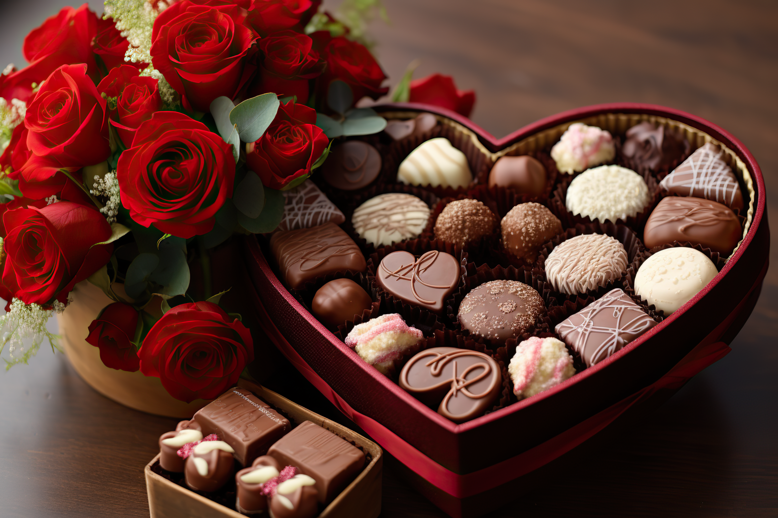 Rose bouquet of flowers and heart shape chocolate box