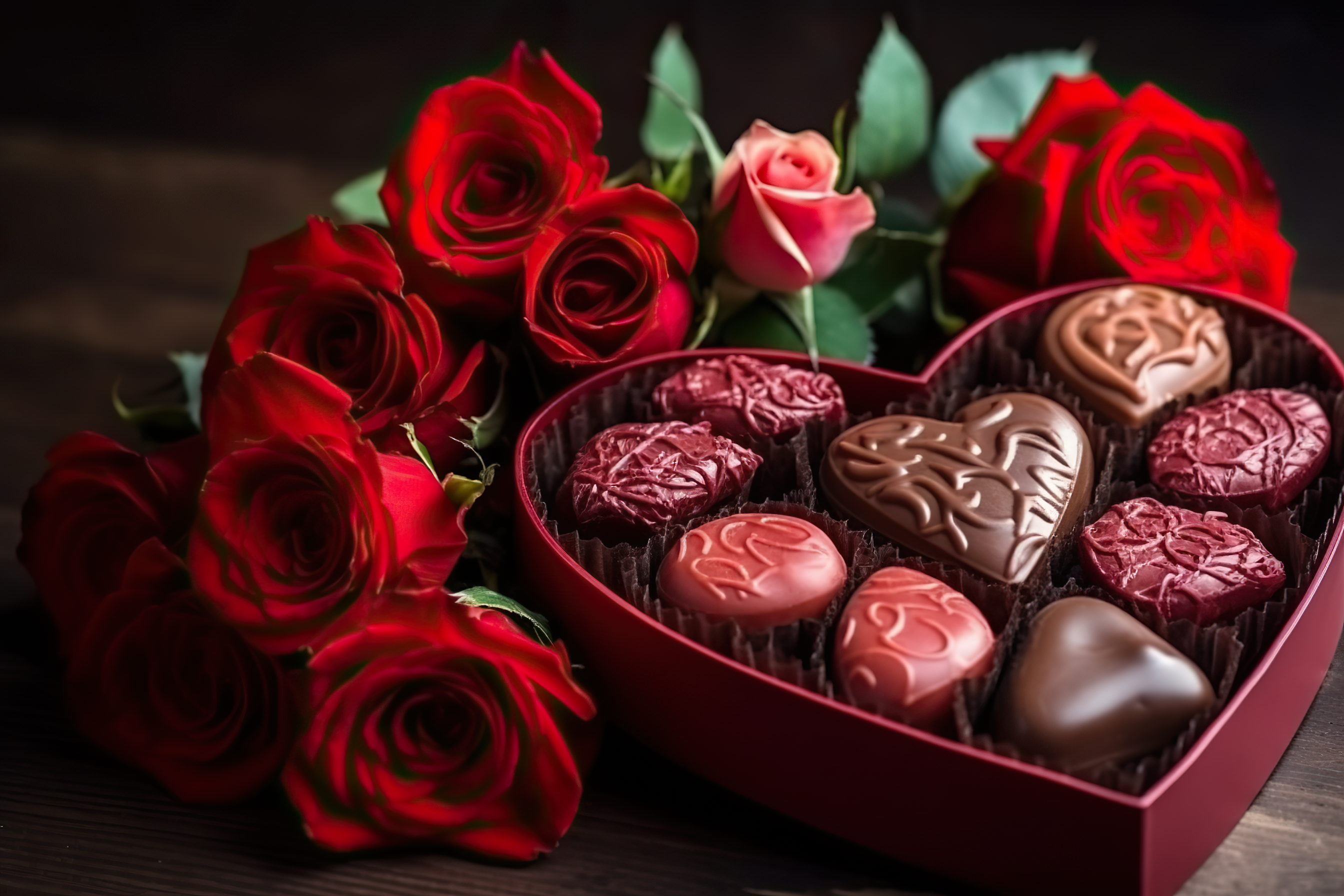 Rose bouquet of flowers and heart shape chocolate box