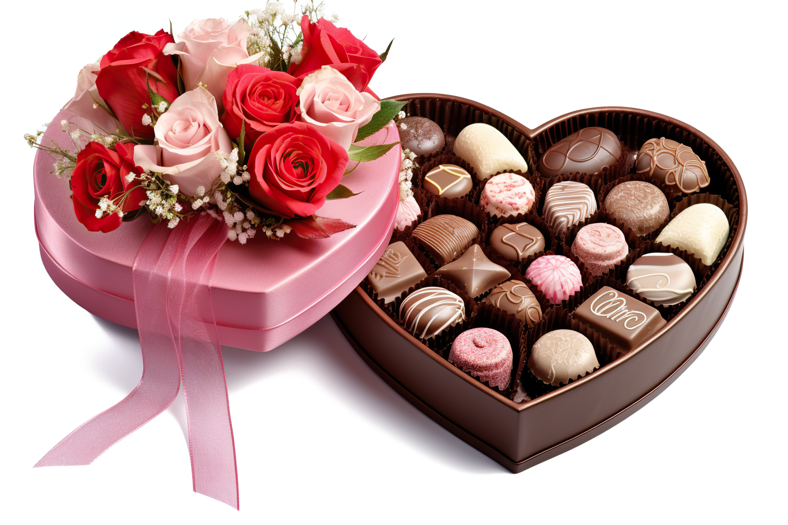 Rose bouquet of flowers and heart shape chocolate box