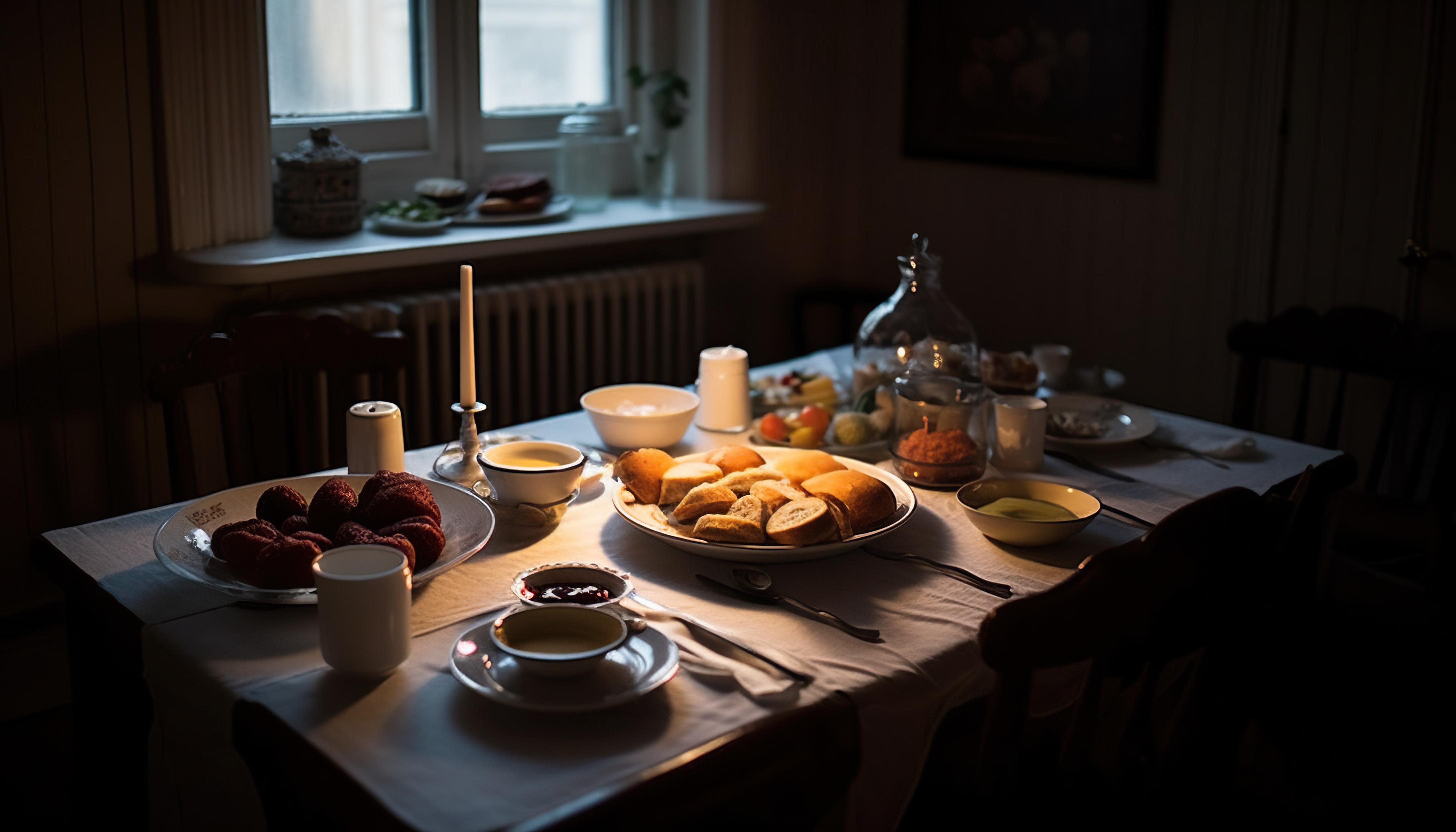 Table set for breakfast or coffee break, with a basket of breads, jam, cake, cup of coffee in early morning