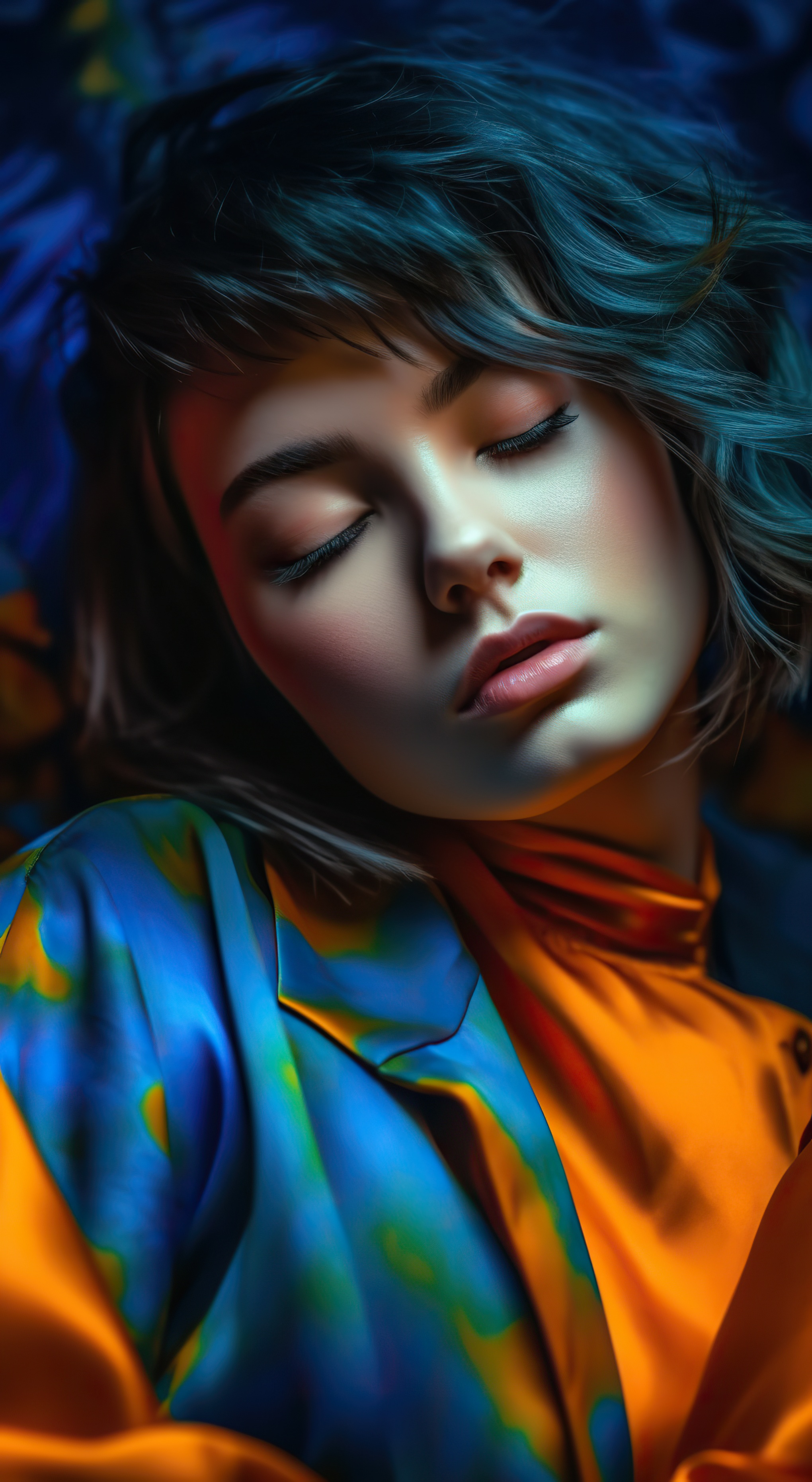A woman wearing a brightly orange colored shirt and a dark blue coat, with black hair and soft makeup, dark blue background, AI Generative