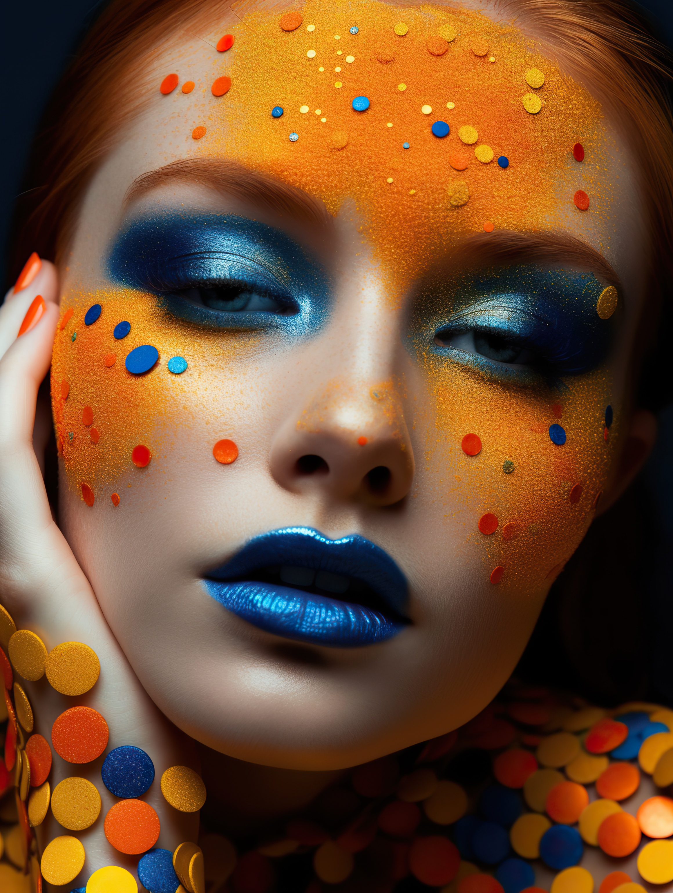 A woman with a bold and colorful makeup look, featuring polka dots on her dress and face, AI Generative