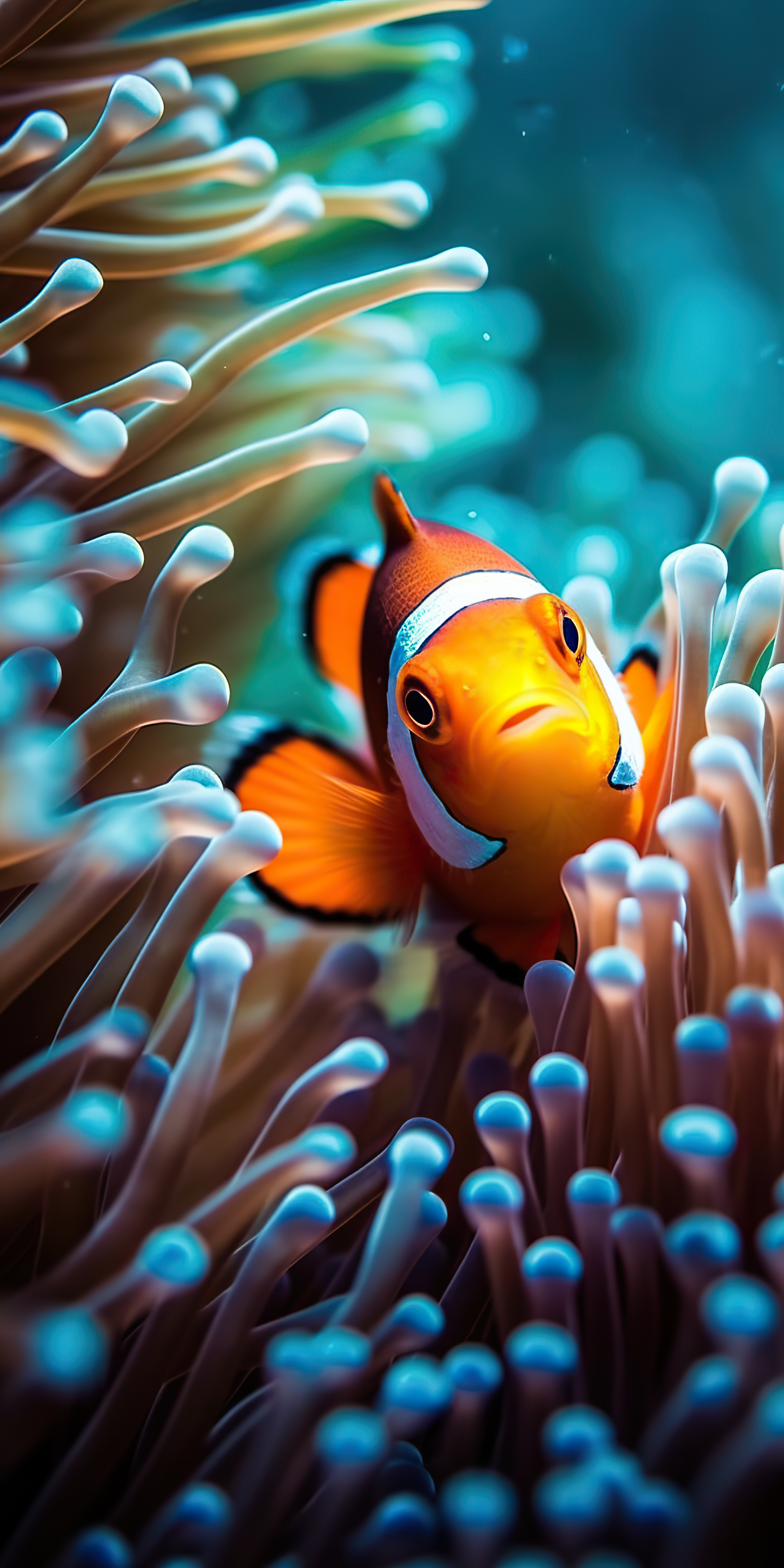 beautiful close-up shot of a cute clownfish next to corals