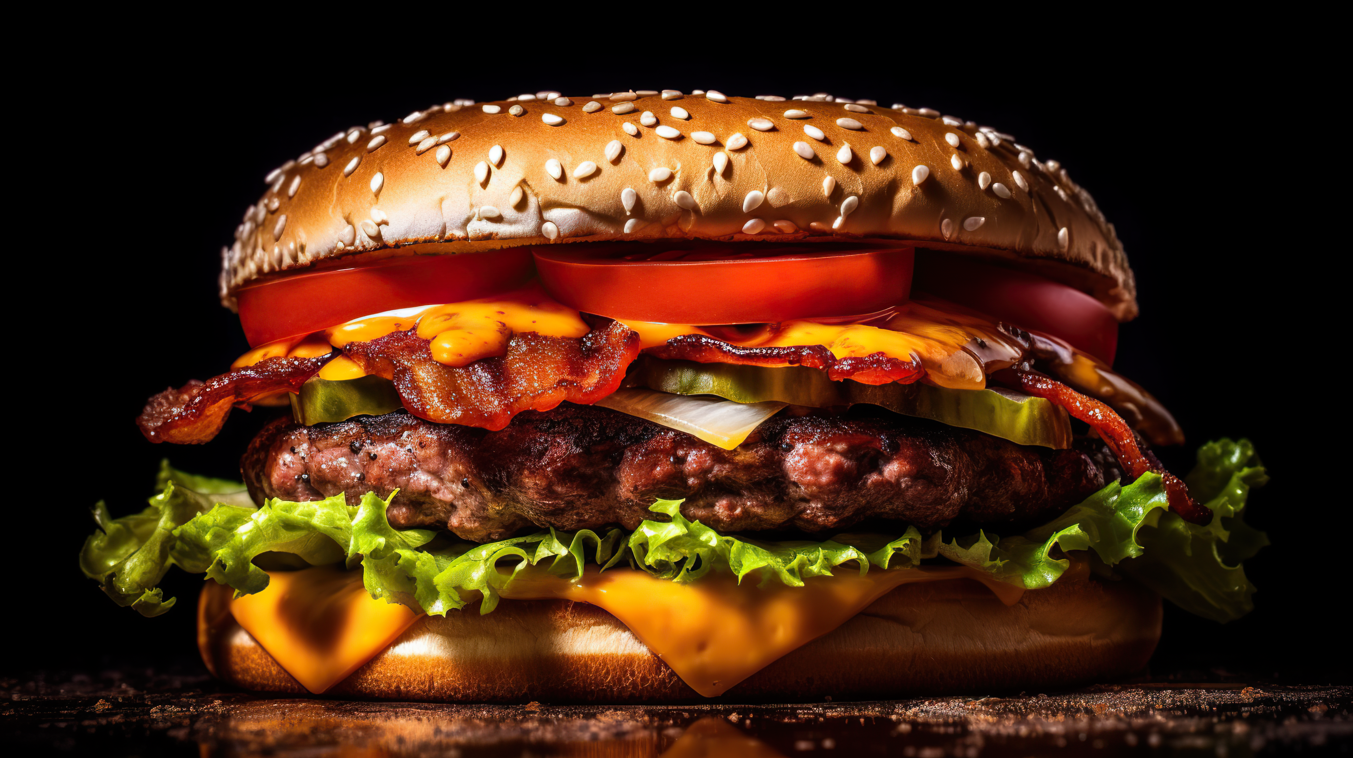 Close-up of delicious fresh burger with lettuce, cheese, onion and tomato on a rustic wooden plank on a dark background