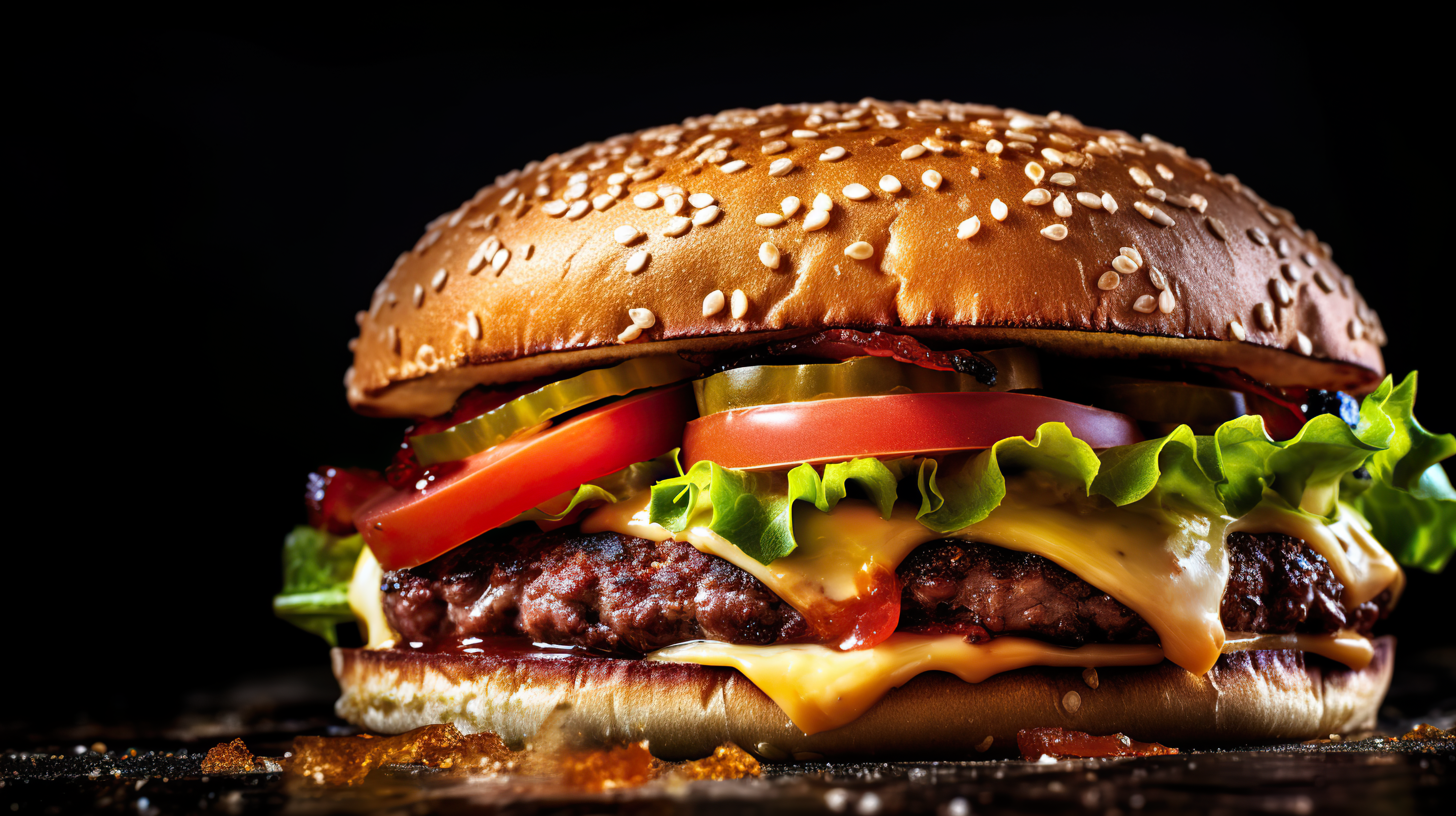 Close-up of delicious fresh burger with lettuce, cheese, onion and tomato on a rustic wooden plank on a dark background