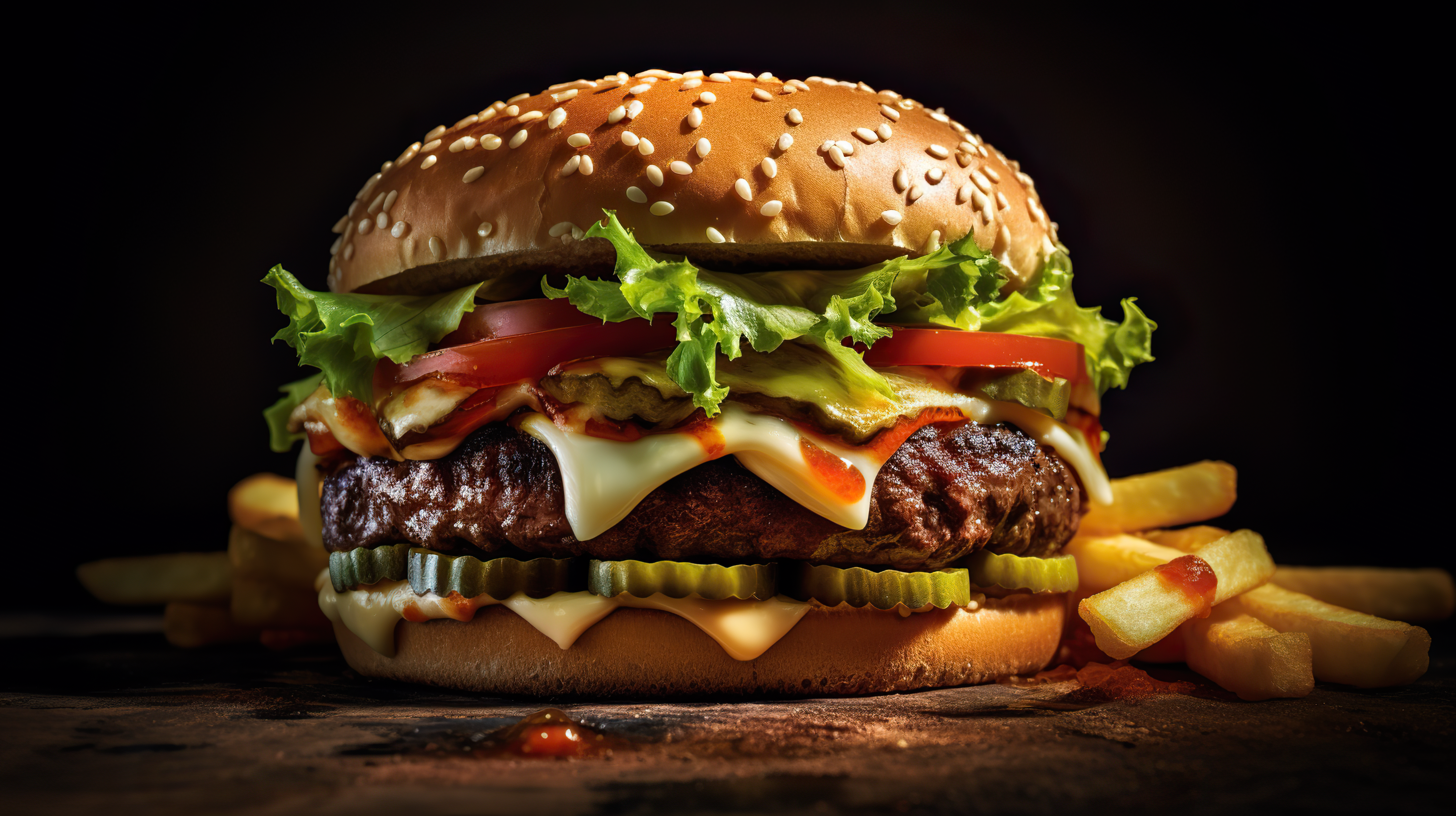 Close-up of delicious fresh burger with lettuce, cheese, onion and tomato on a rustic wooden plank on a dark background