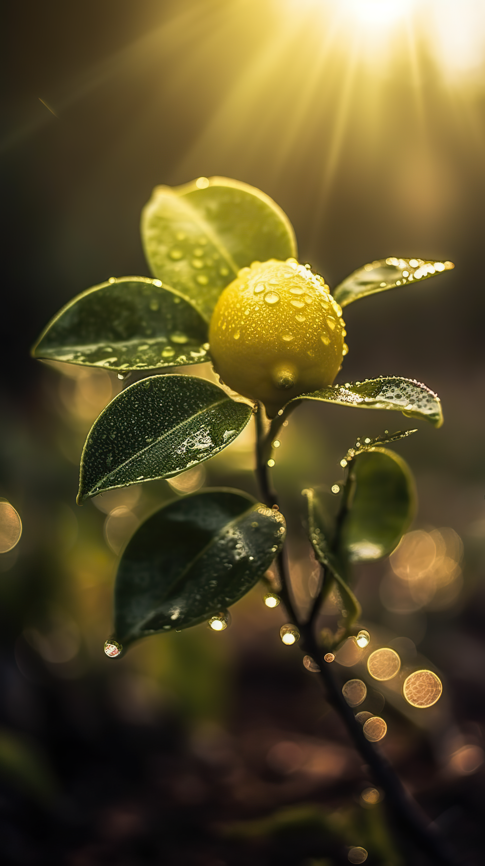 lemon tree with water drops and meadow background
