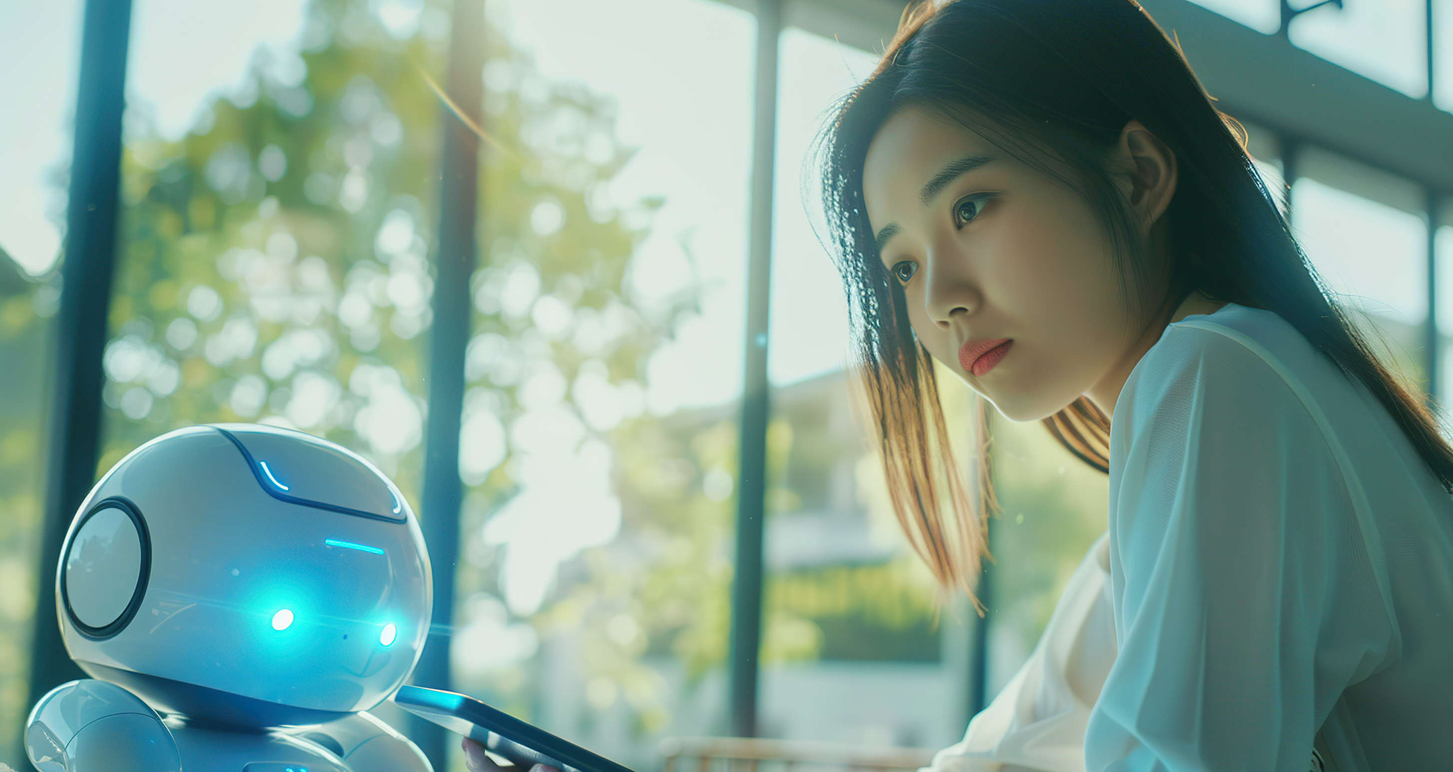 A beautiful asian university student holding an ipad and next to a futuristic robot, AI Generative