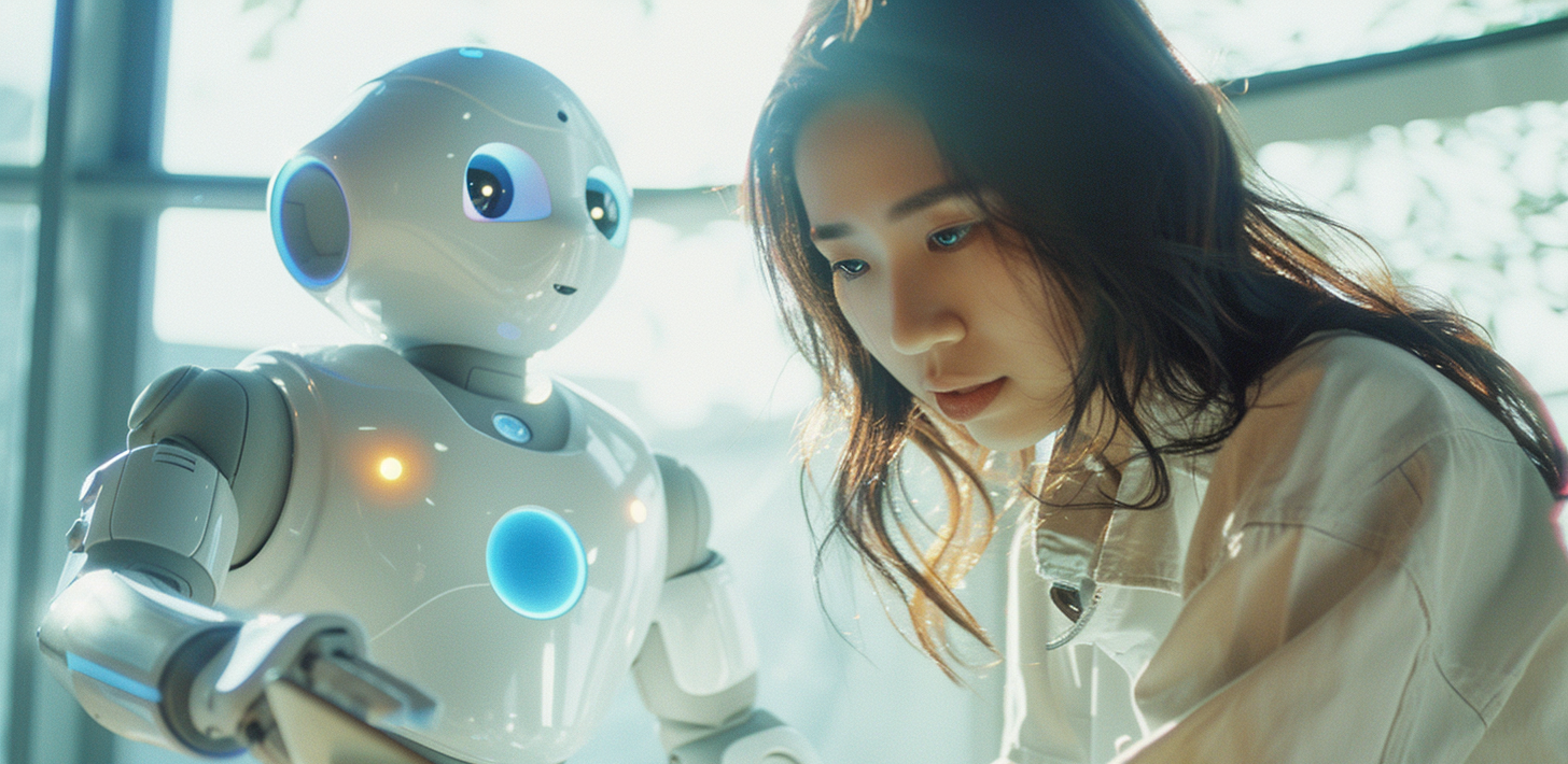 A beautiful asian university student holding an ipad and next to a futuristic robot, AI Generative