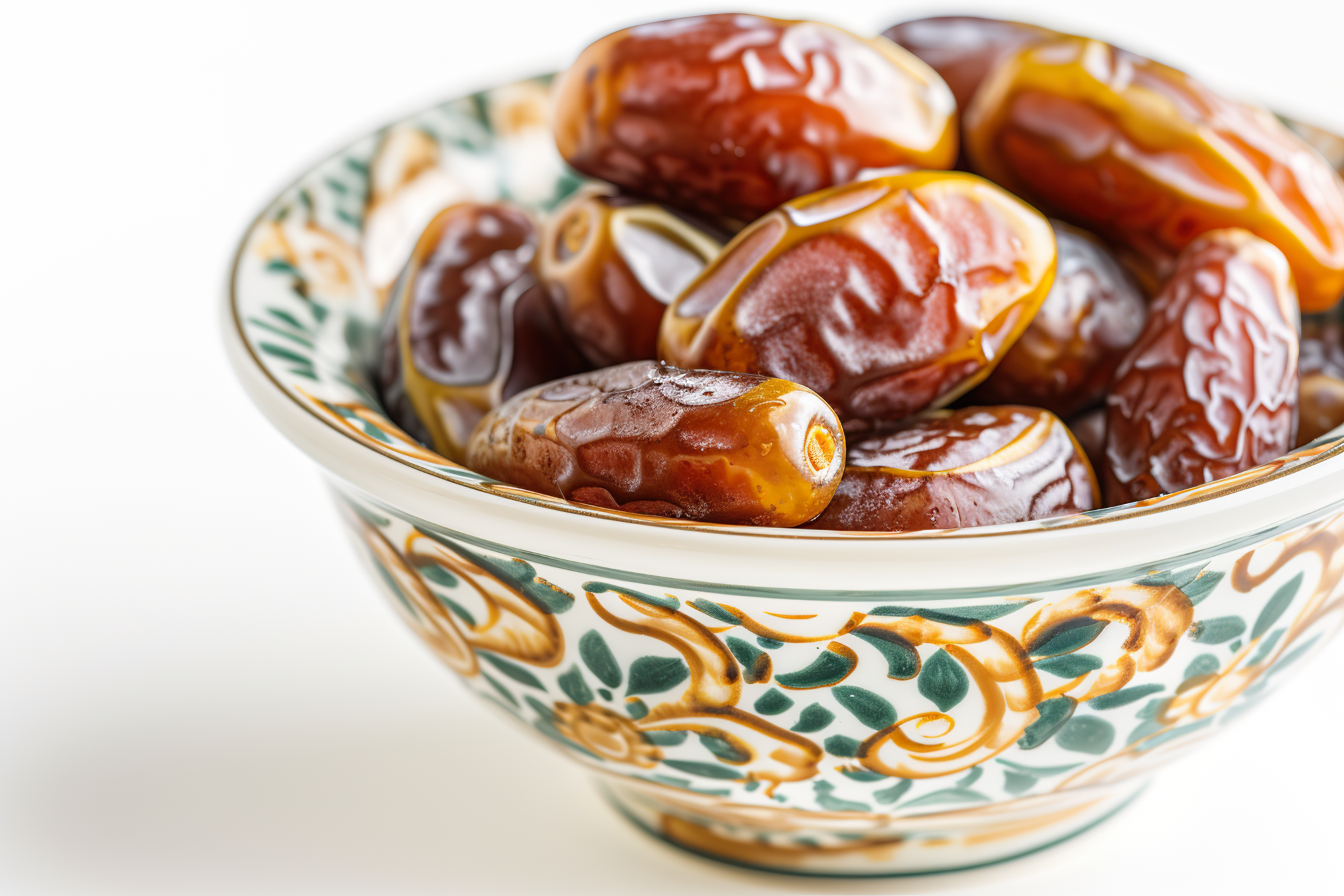 A bowl full of dates on white background
