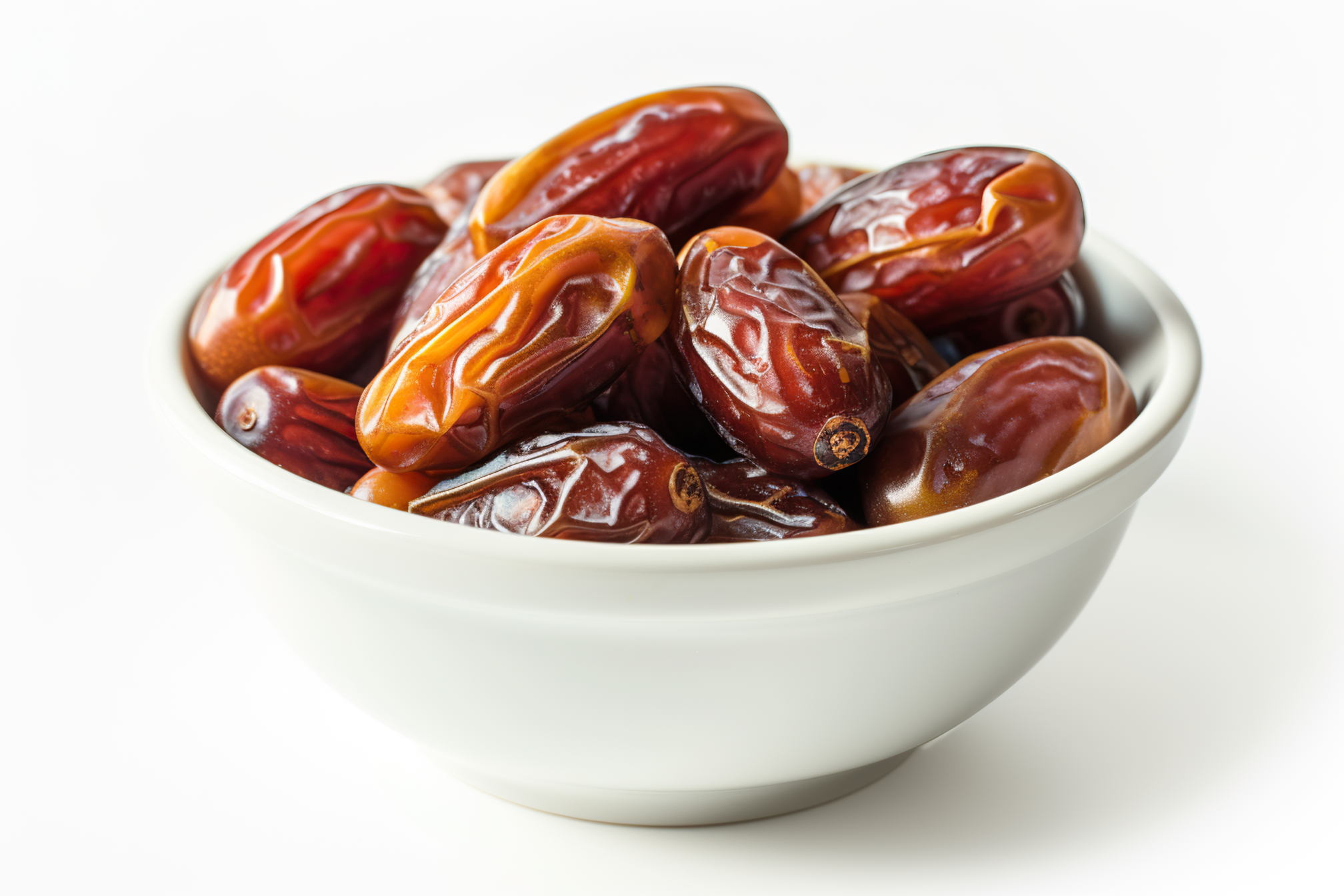 A bowl full of dates on white background