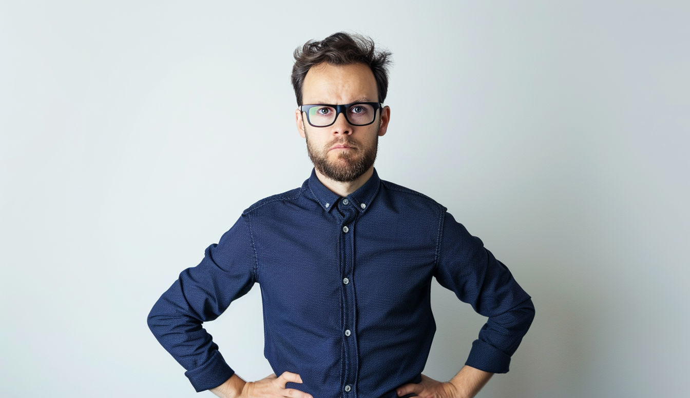 A man with serious face, standing with his hands on his hips, AI Generative