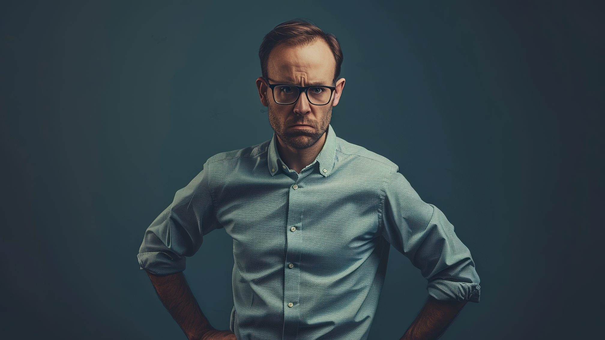 A man with serious face, standing with his hands on his hips, AI Generative