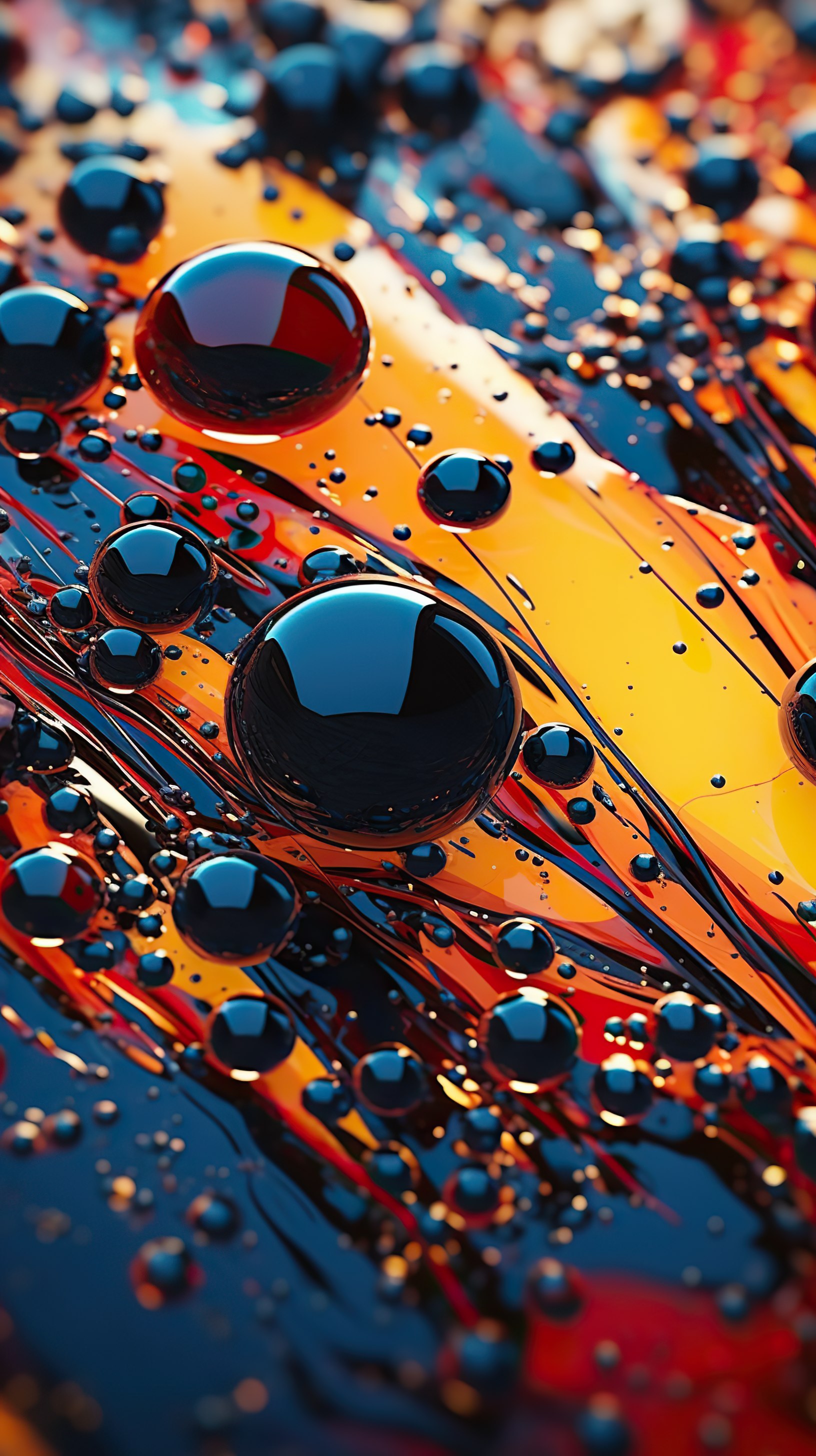 Abstract painting oil droplets with red, gold and orange color