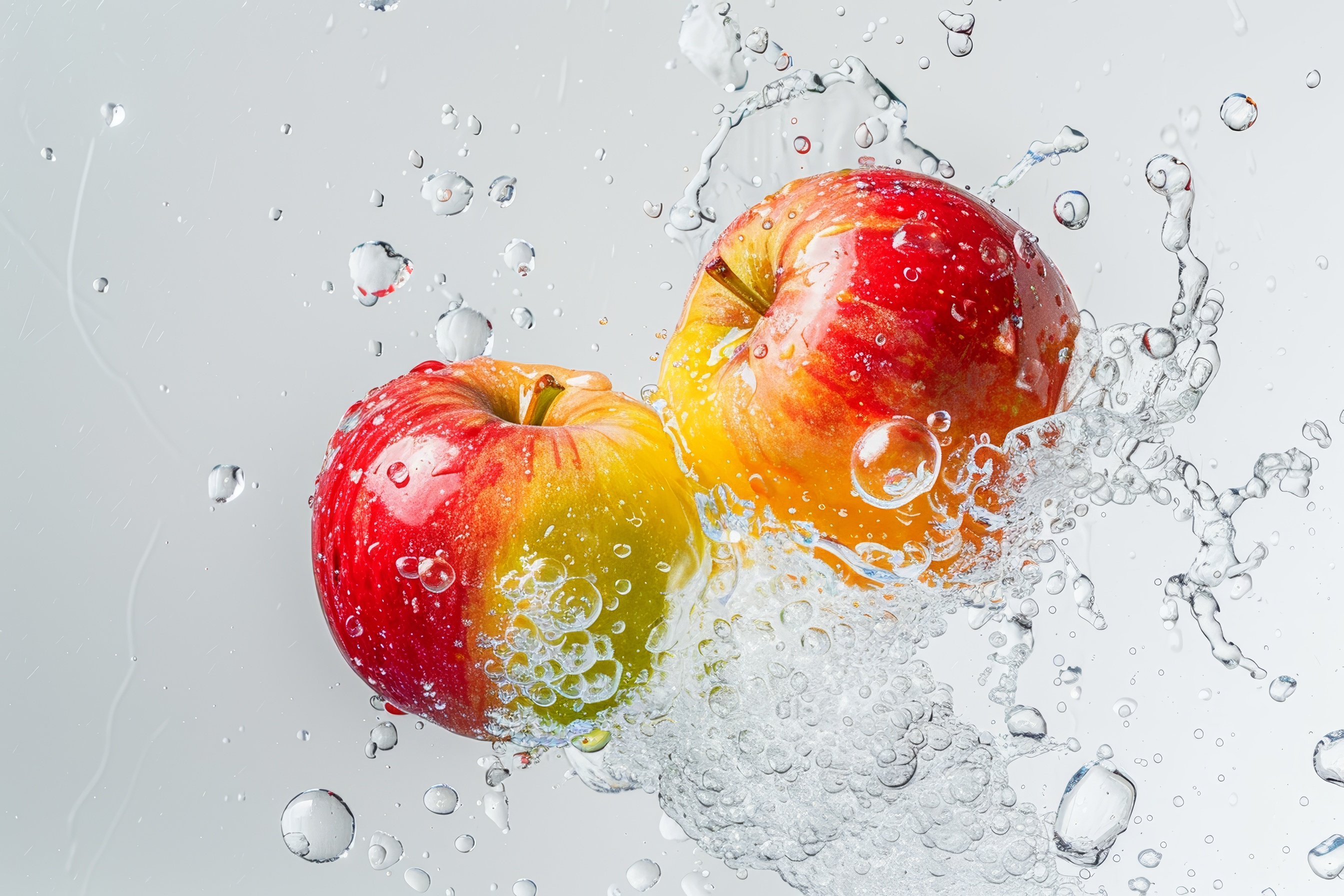 Apples causing water splash and sinking with air bubbles on white background