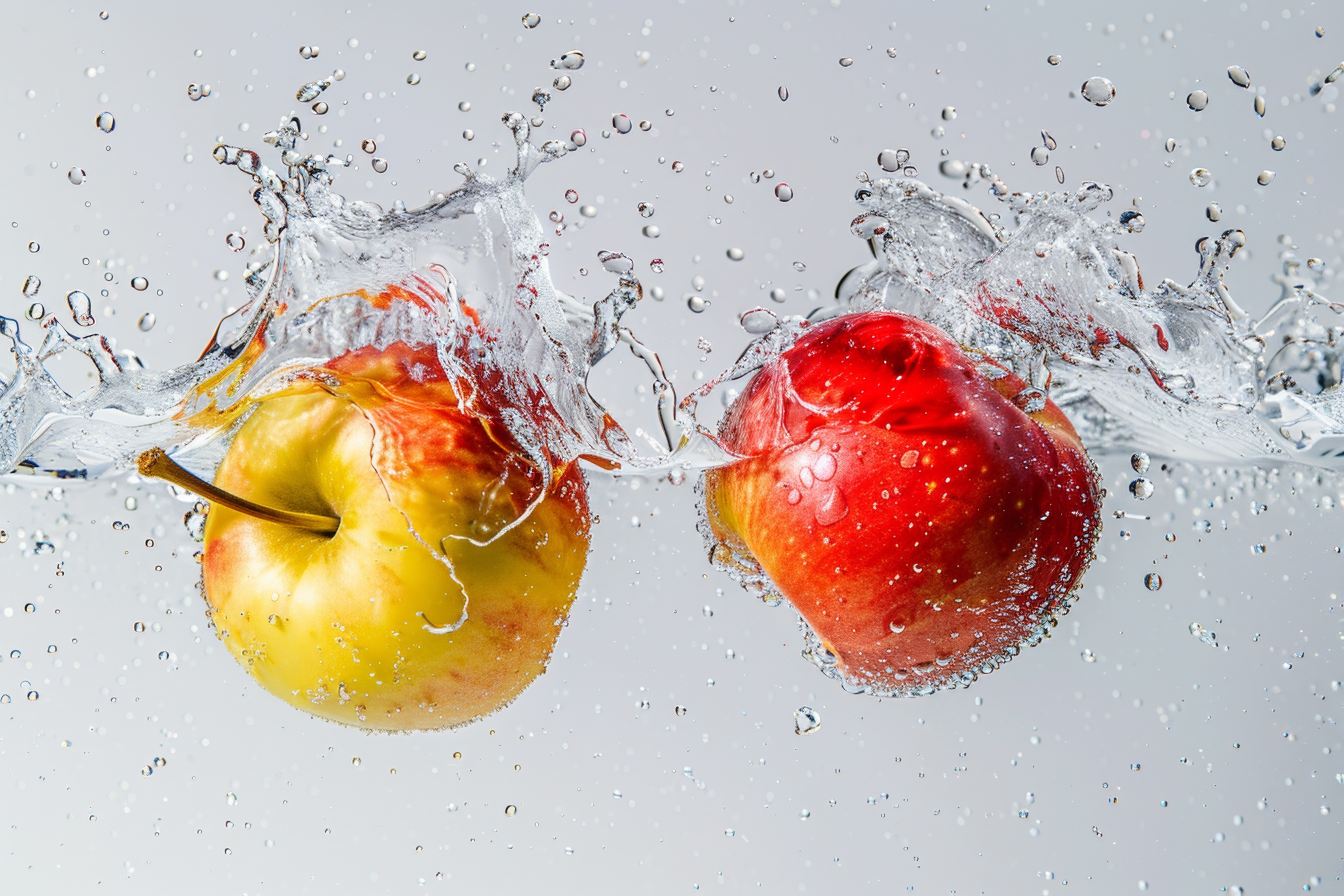 Apples causing water splash and sinking with air bubbles on white background