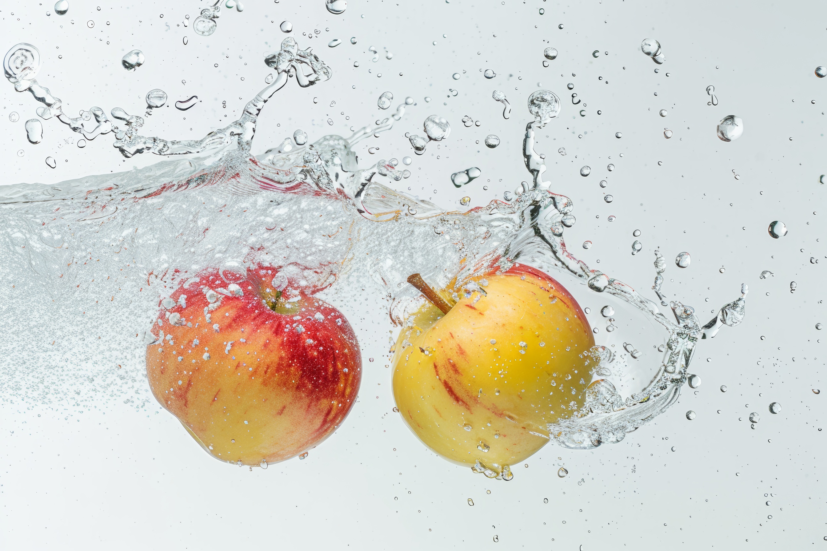 Apples causing water splash and sinking with air bubbles on white background