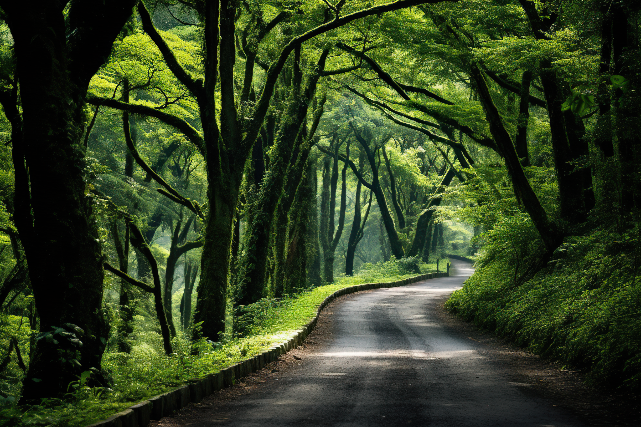 Asphalt road in beautiful green forest