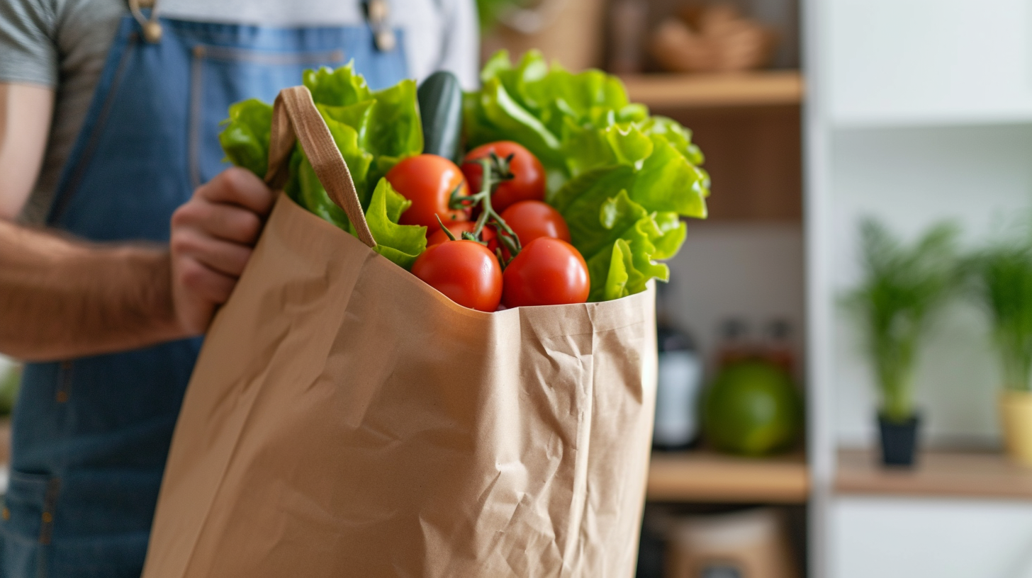 Assorted fruits and vegetables in brown grocery bag holding a young man