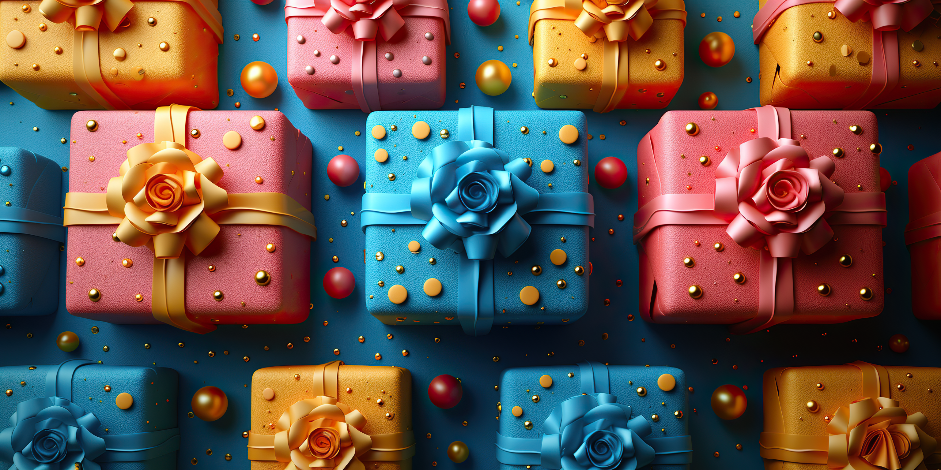 Banner Decorative composition of colorful gift boxes and confetti on blue background