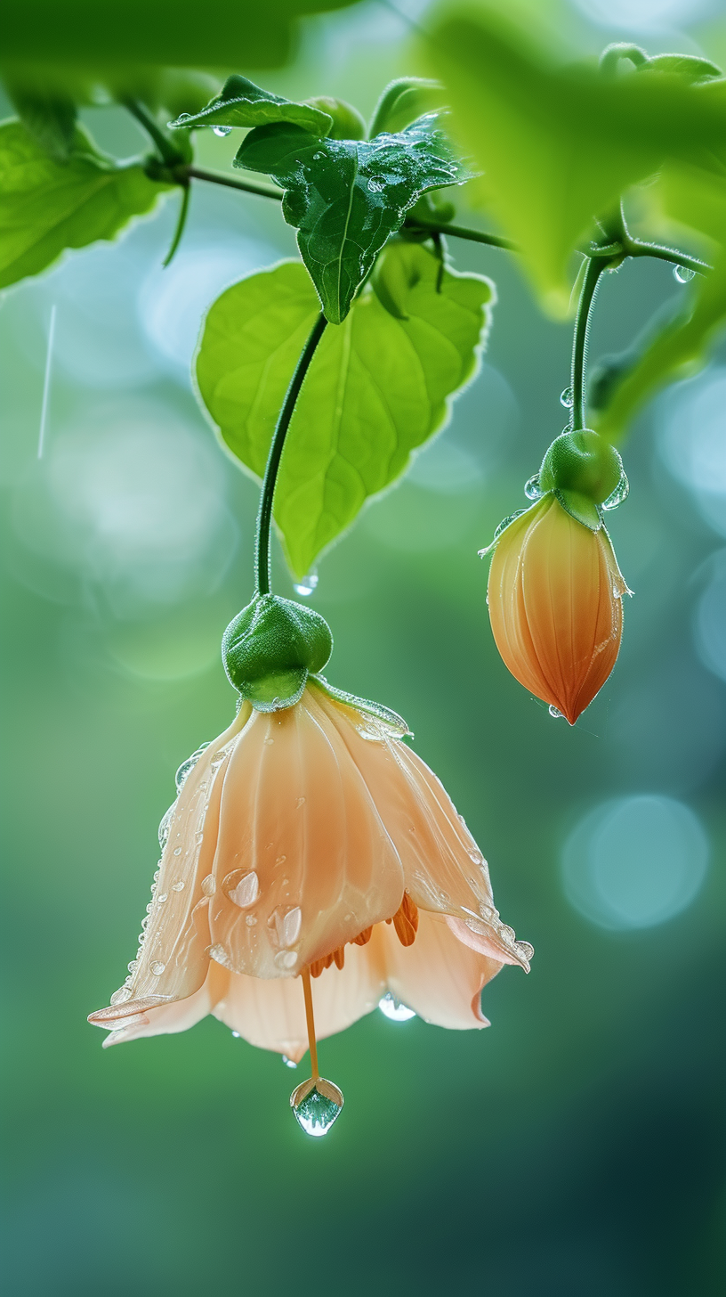 Beautiful flowers with dew drops are hanging