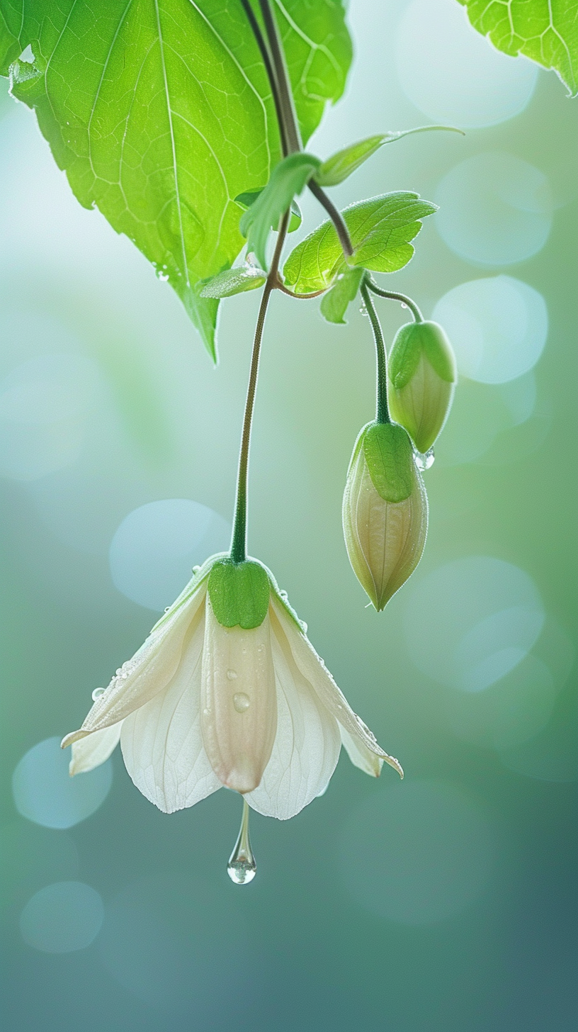 Beautiful flowers with dew drops are hanging