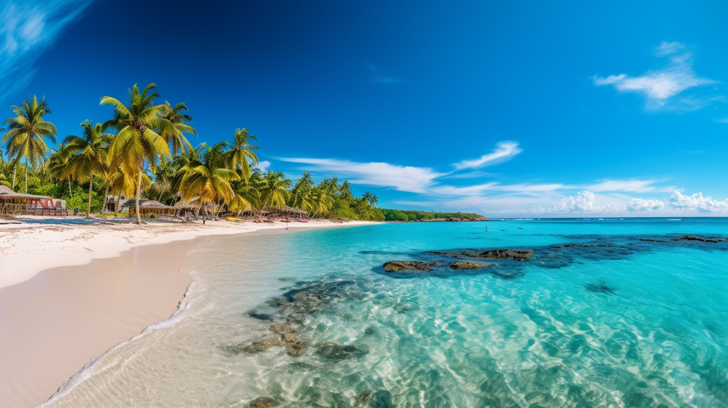 Beautiful tropical island with beach , sea , and coconut palm tree on blue sky