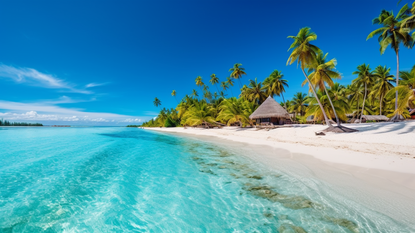 Beautiful tropical island with beach , sea , and coconut palm tree on blue sky