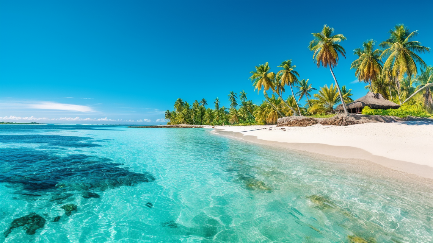 Beautiful tropical island with beach , sea , and coconut palm tree on blue sky