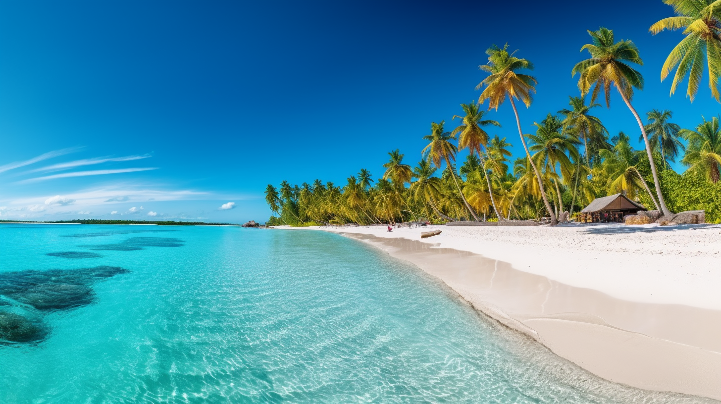 Beautiful tropical island with beach , sea , and coconut palm tree on blue sky
