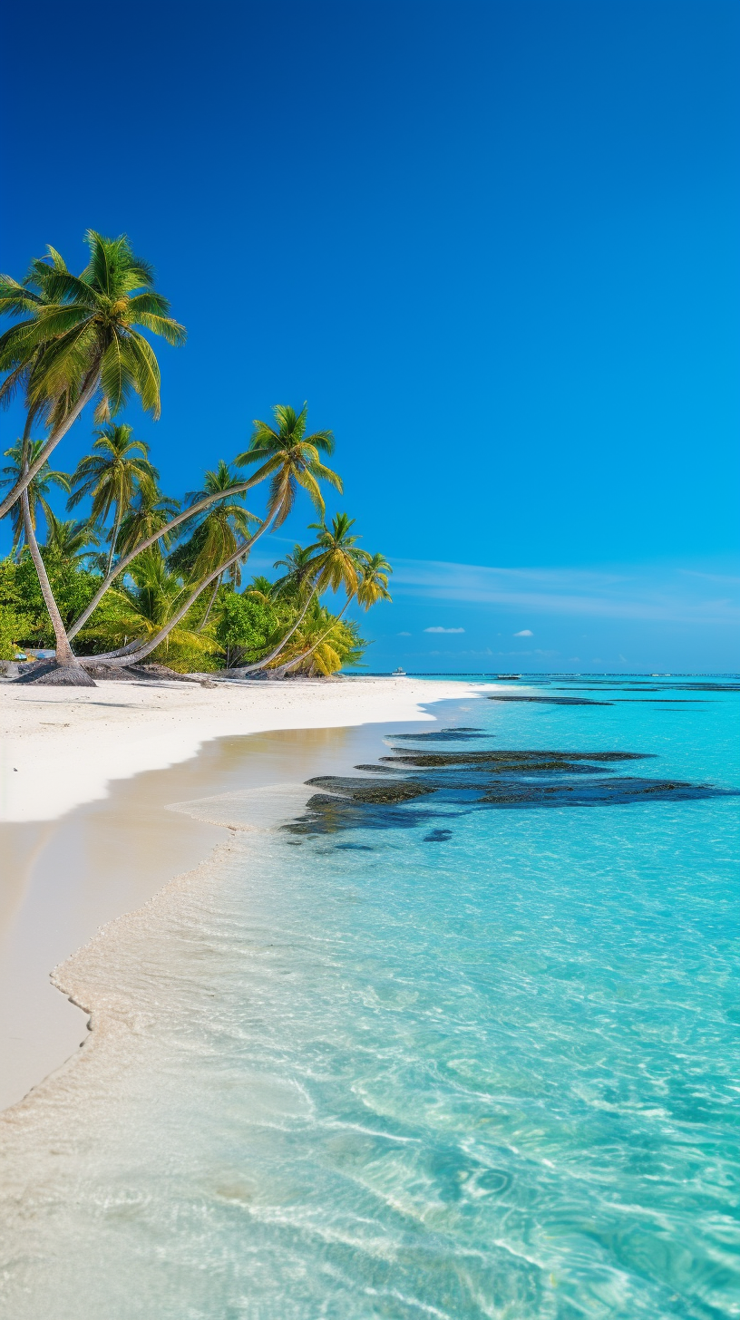 Beautiful tropical island with beach , sea , and coconut palm tree on blue sky