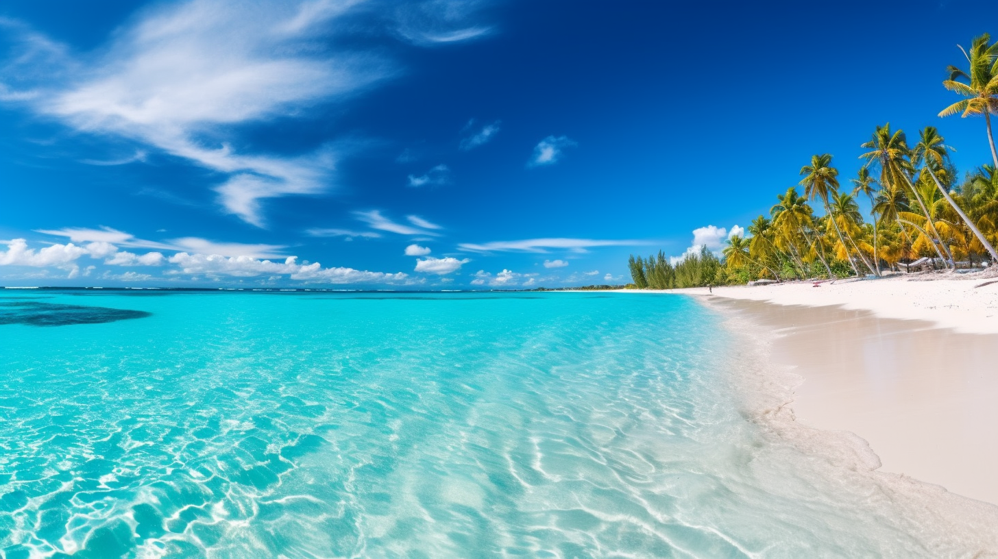 Beautiful tropical island with beach , sea , and coconut palm tree on blue sky