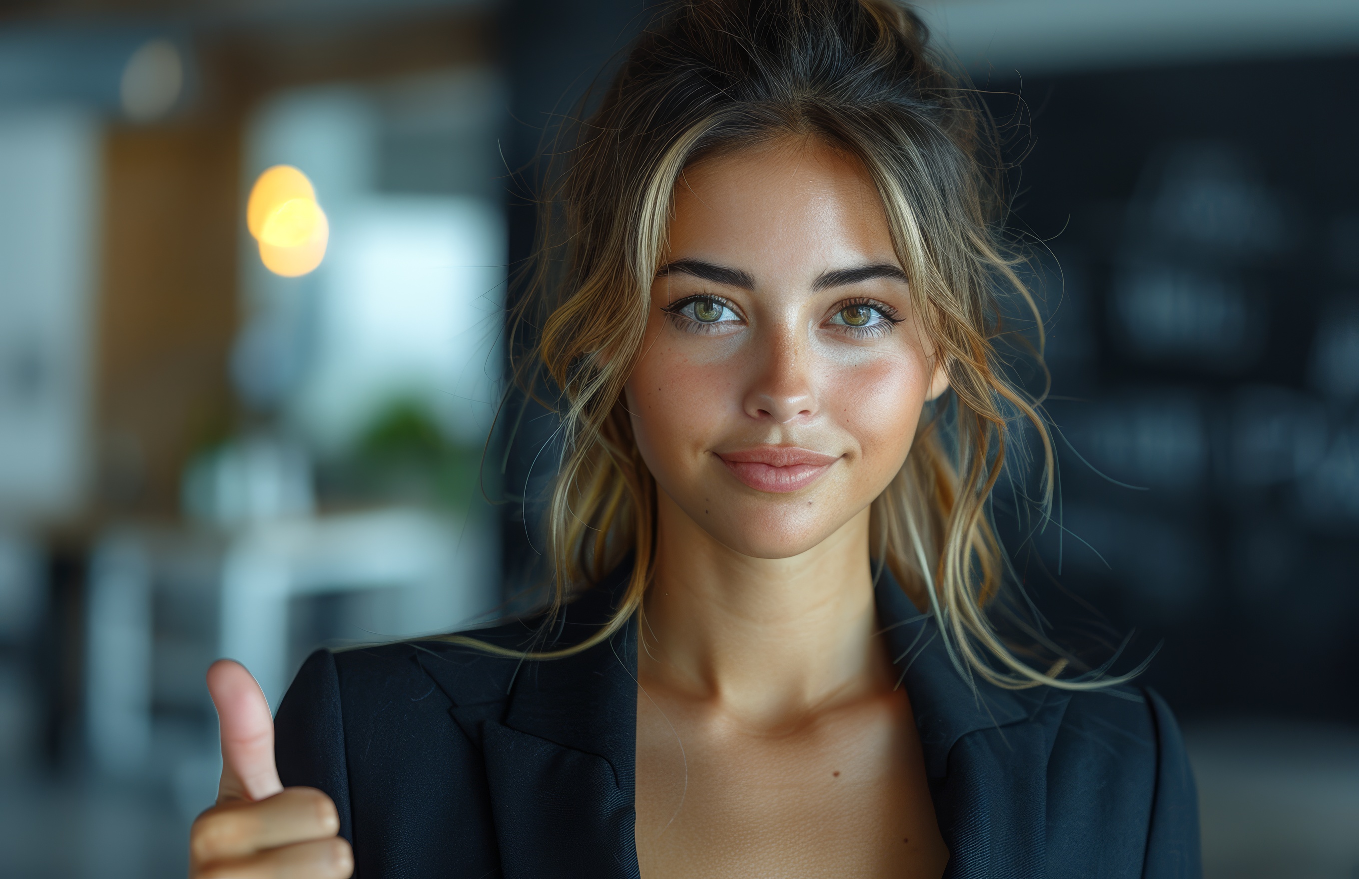 Beautiful young business women in a suit showing thumbs up, Generative AI