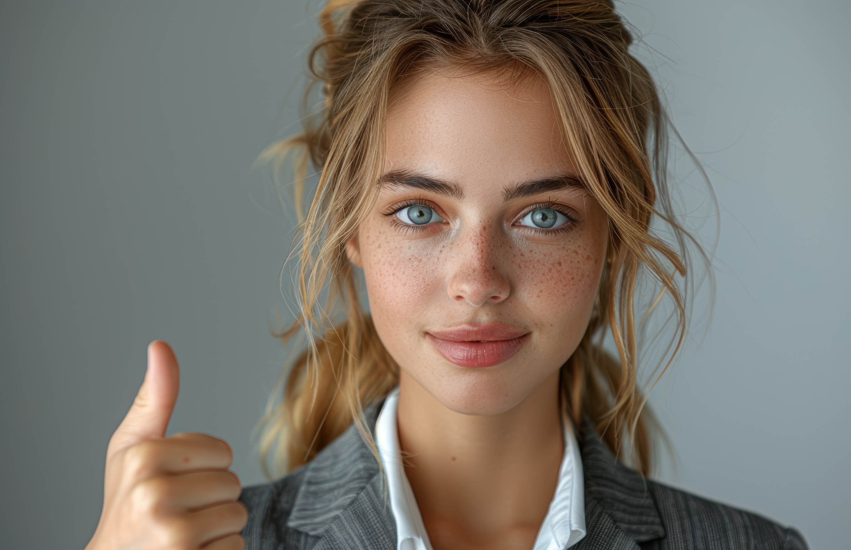 Beautiful young business women in a suit showing thumbs up, Generative AI