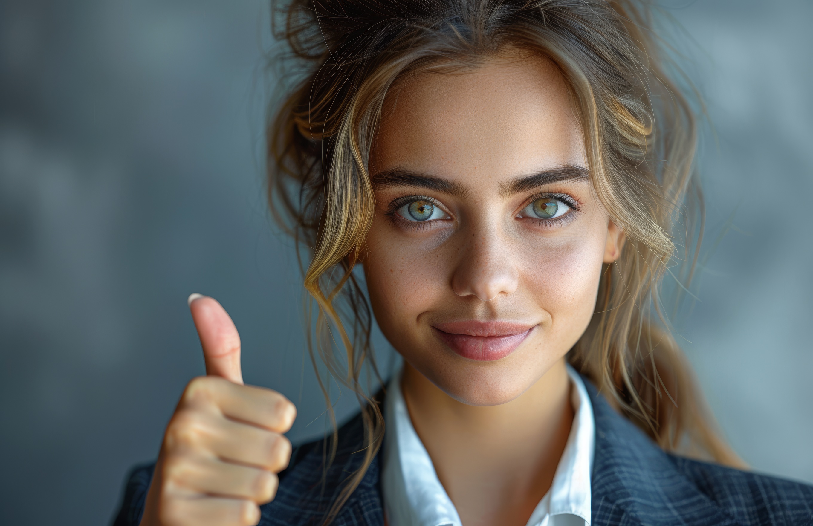 Beautiful young business women in a suit showing thumbs up, Generative AI
