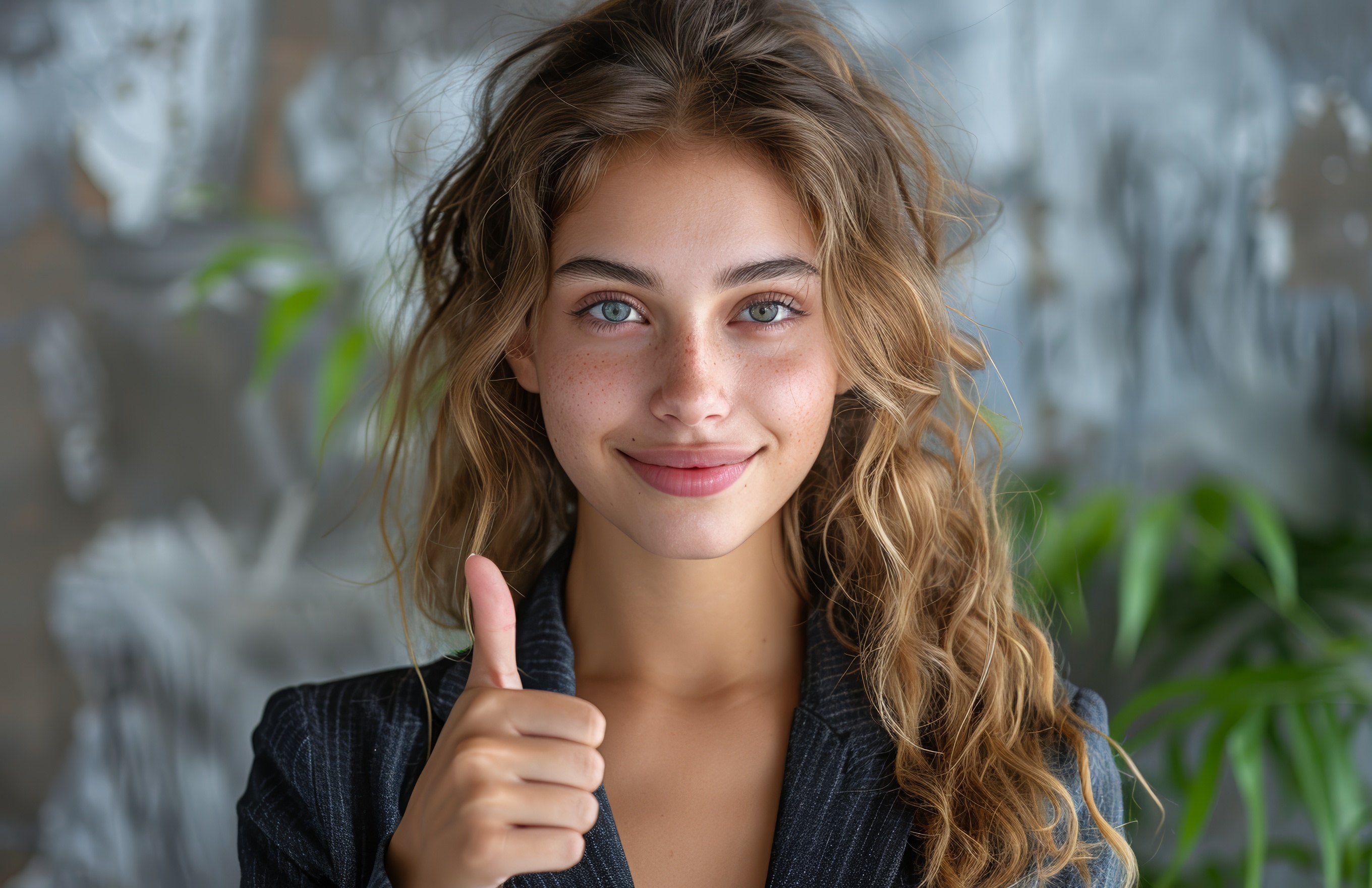 Beautiful young business women in a suit showing thumbs up, Generative AI