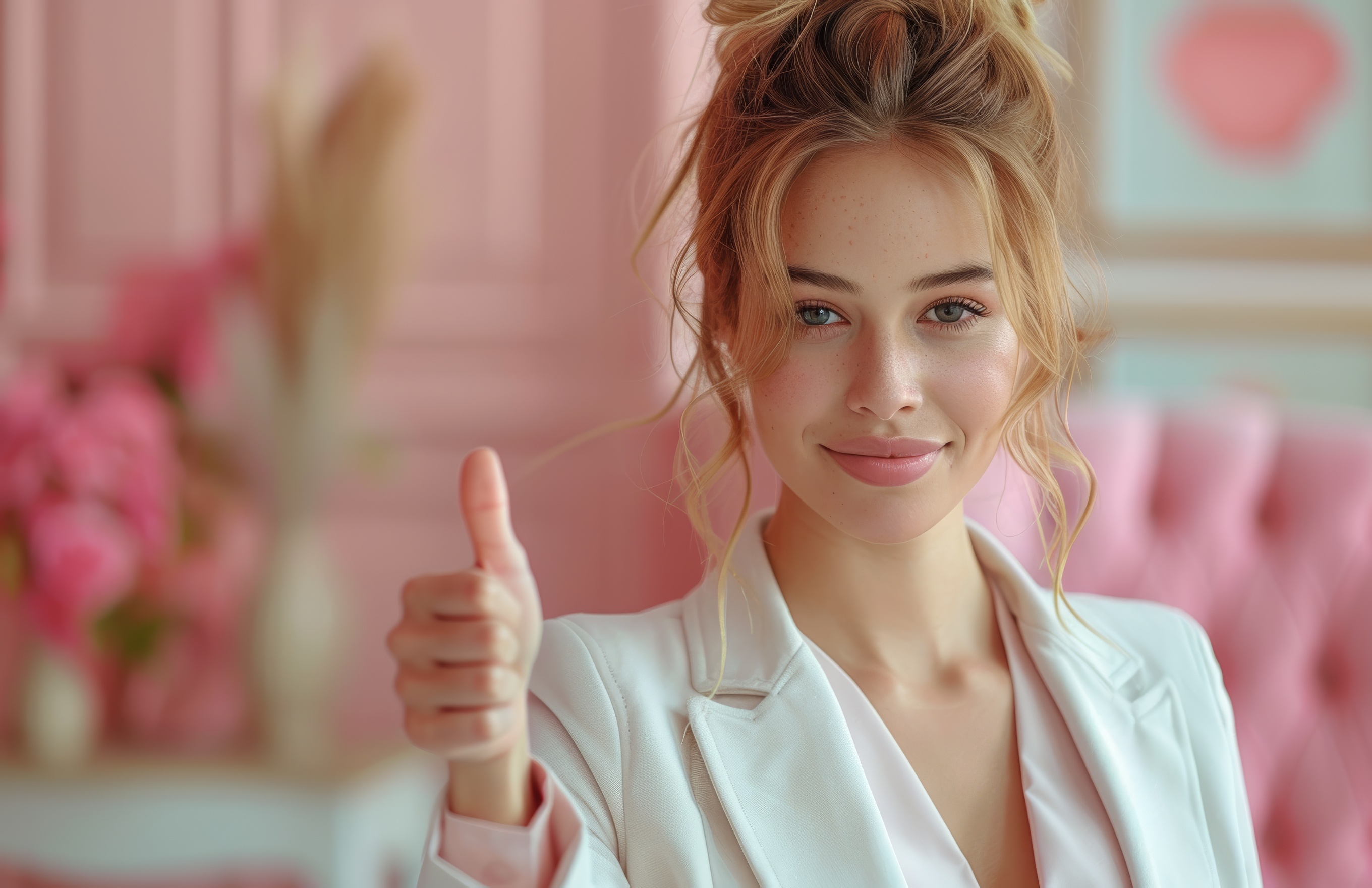 Beautiful young business women in a white suit on pink environment, Generative AI