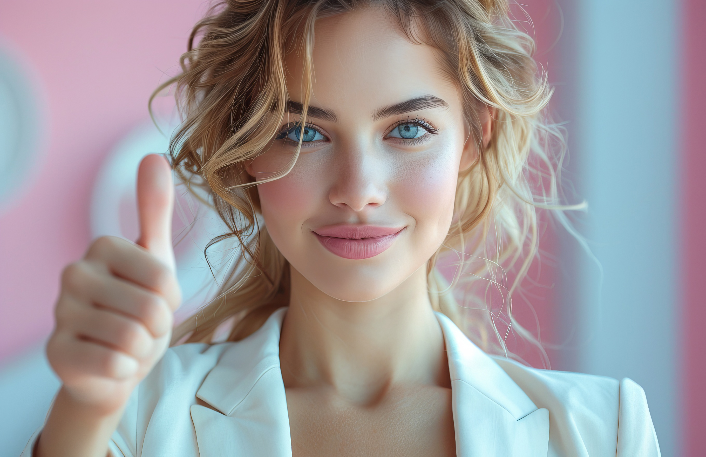 Beautiful young business women in a white suit on pink environment, Generative AI