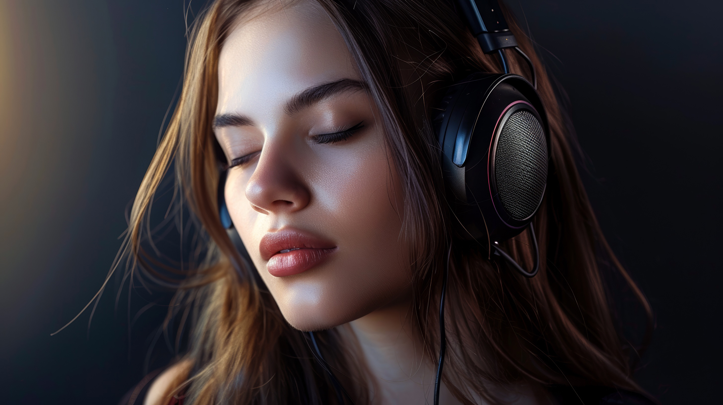 Beautiful young girl listening to music with headphones, Generative AI