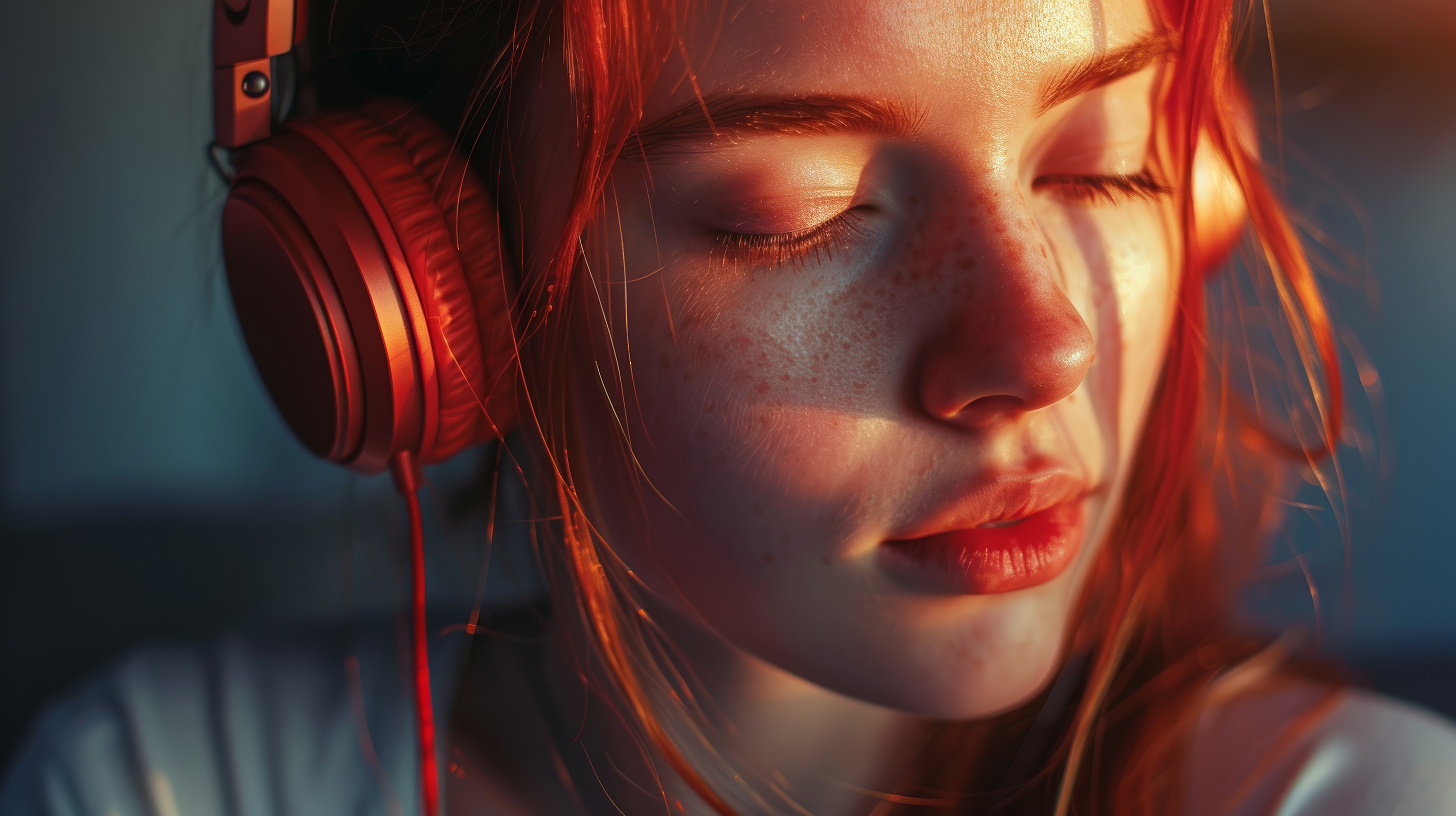 Beautiful young girl listening to music with headphones, Generative AI