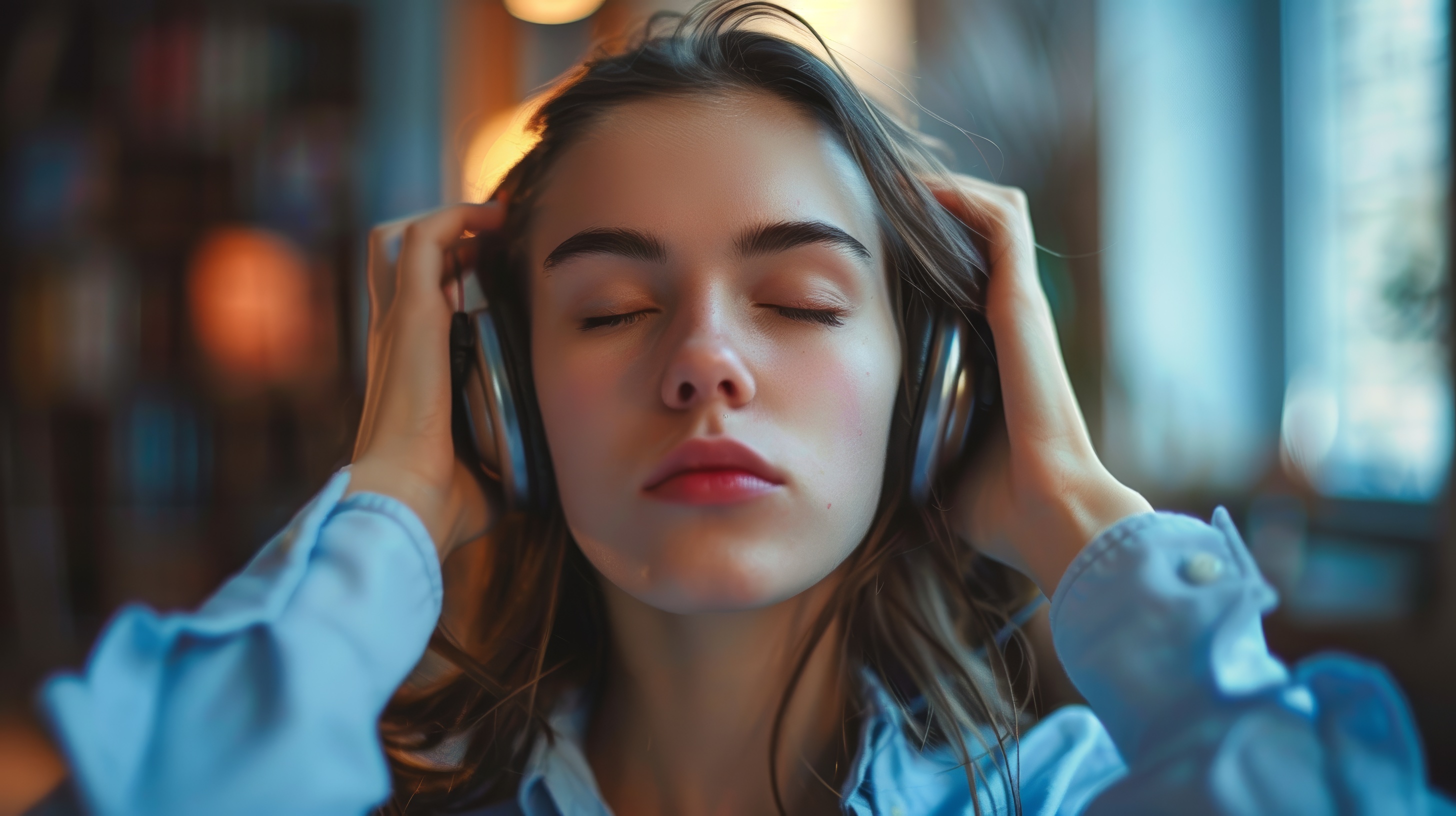 Beautiful young girl listening to music with headphones, Generative AI