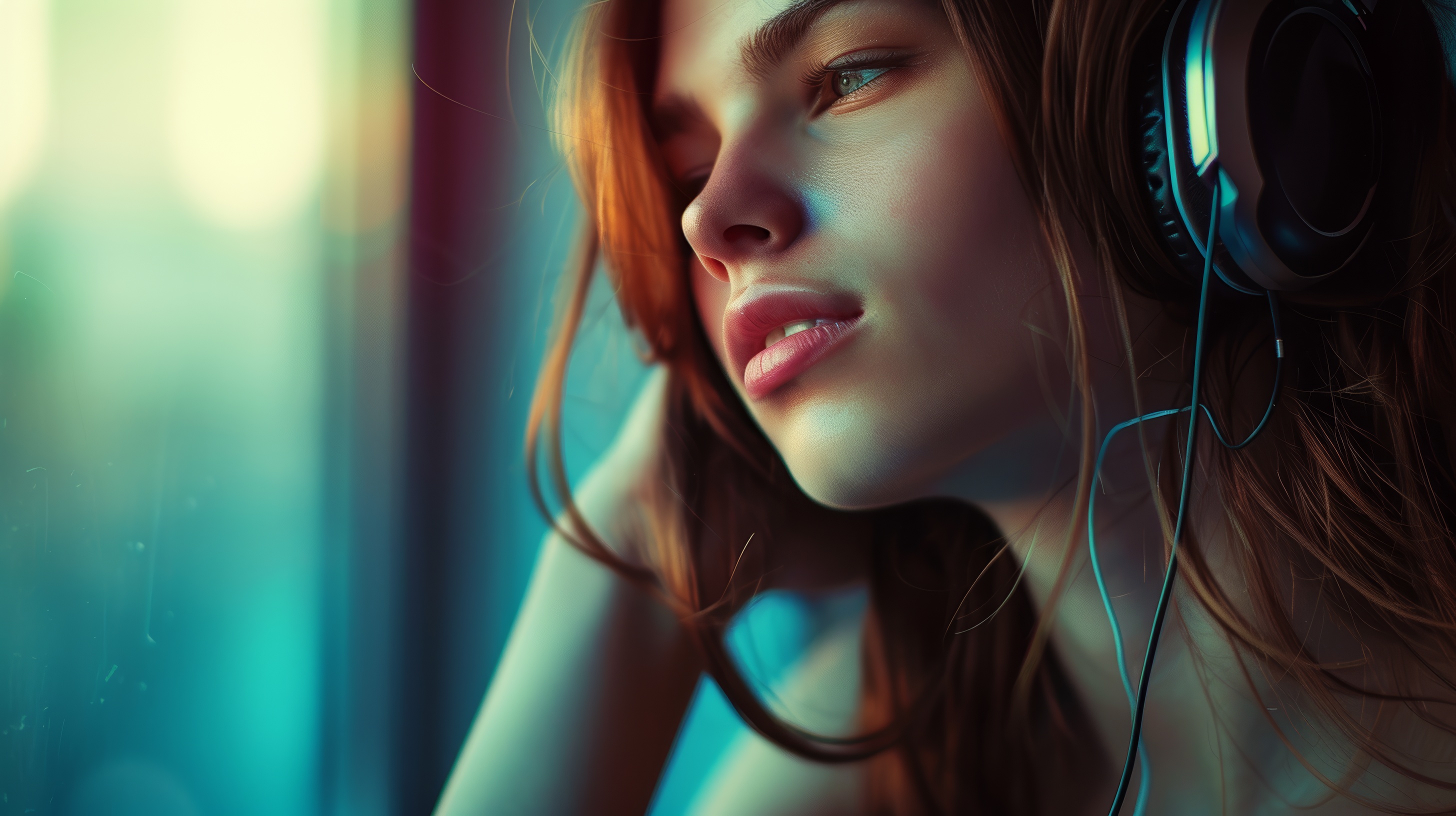 Beautiful young girl listening to music with headphones, Generative AI
