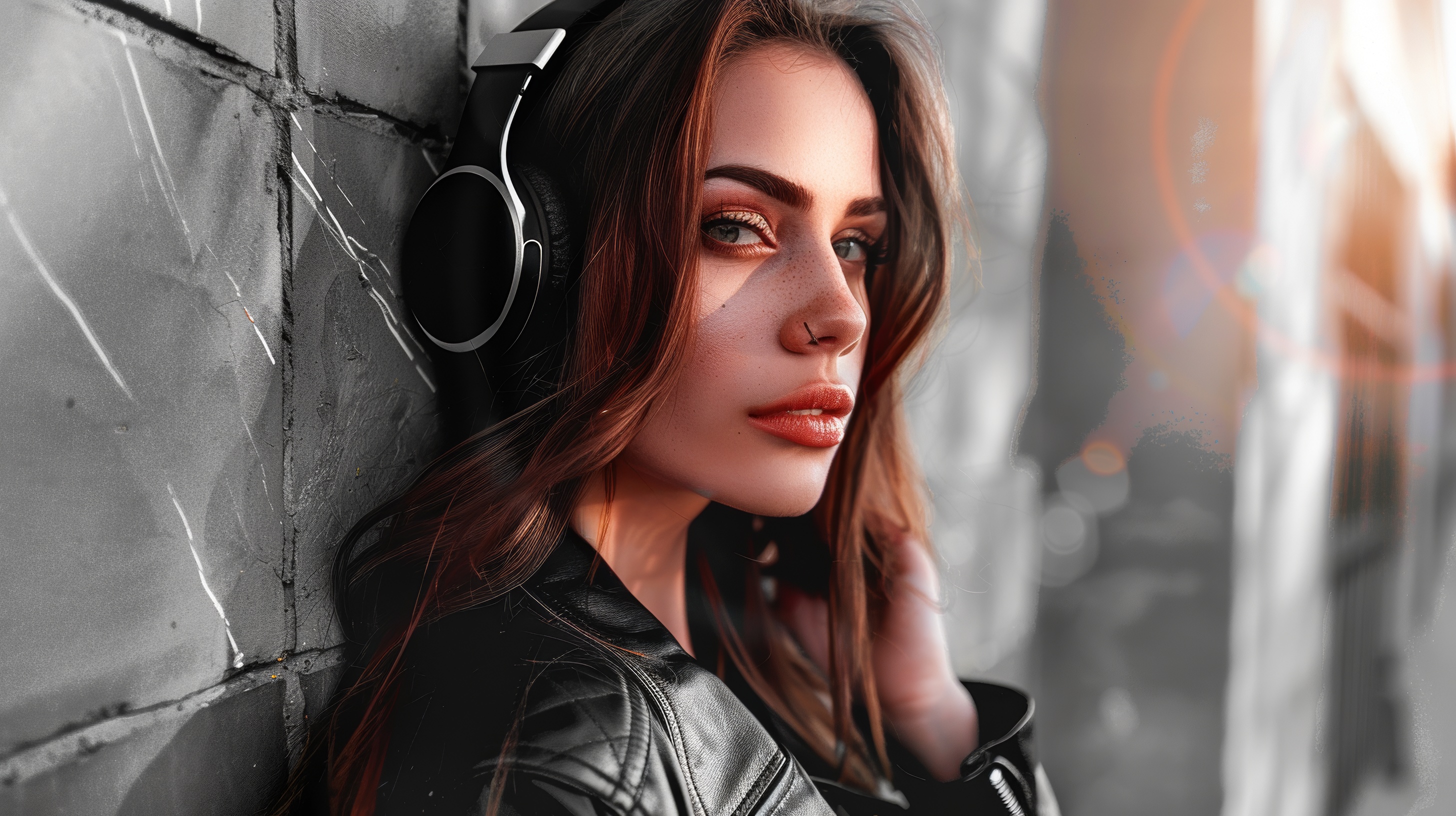 Beautiful young girl listening to music with headphones, Generative AI