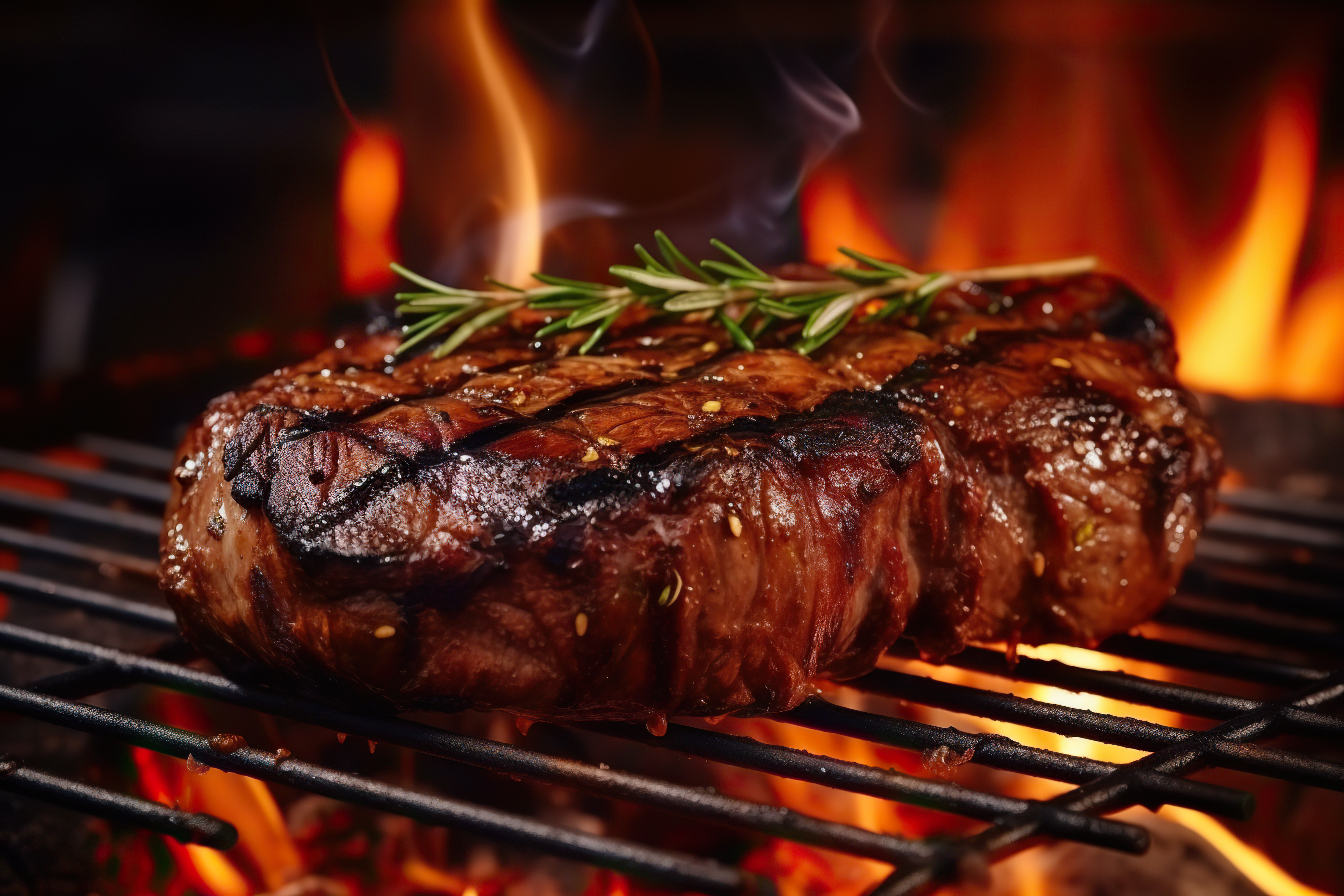 Beef steak on the grill with smoke and flames