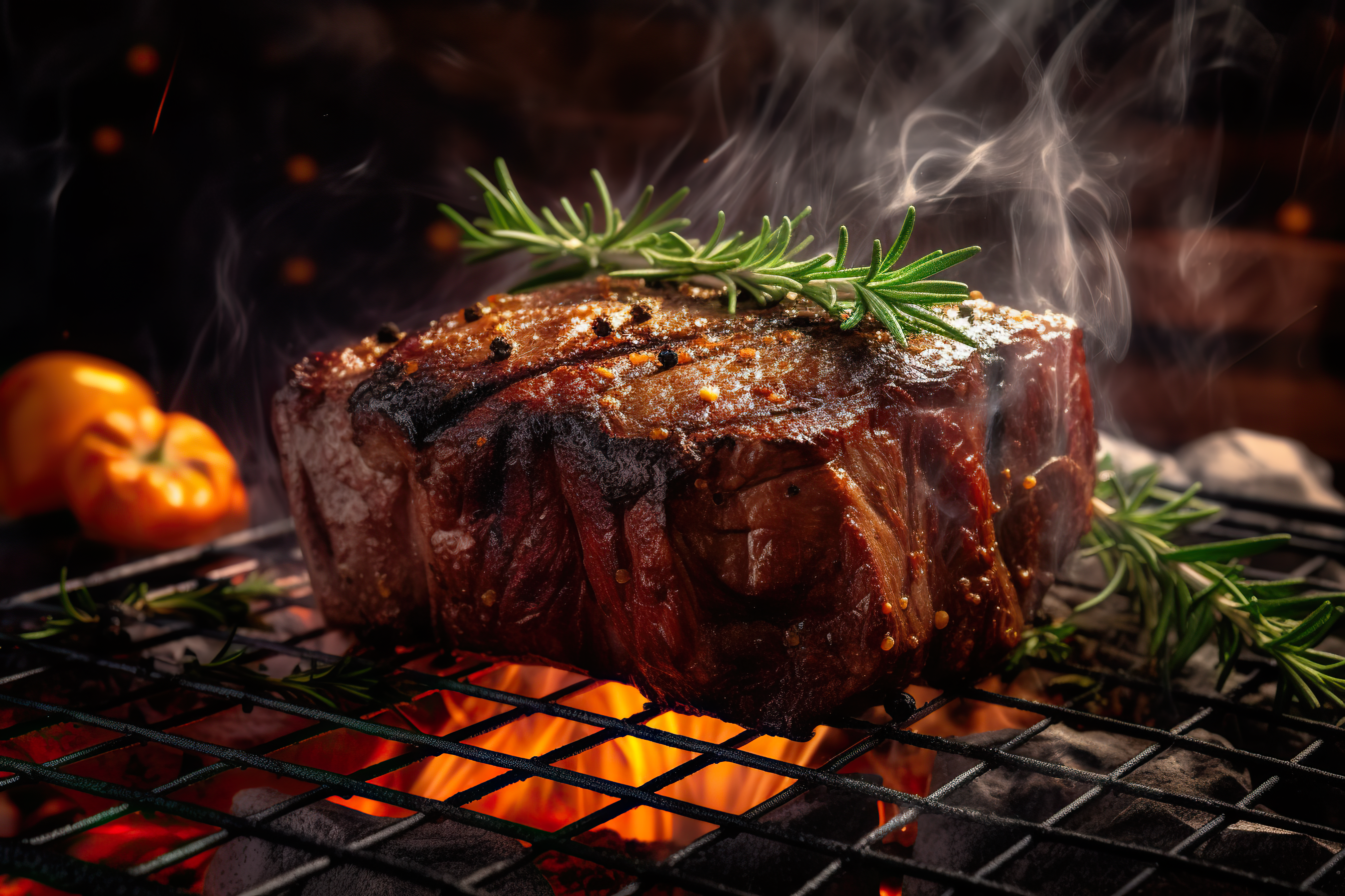 Beef steak on the grill with smoke and flames