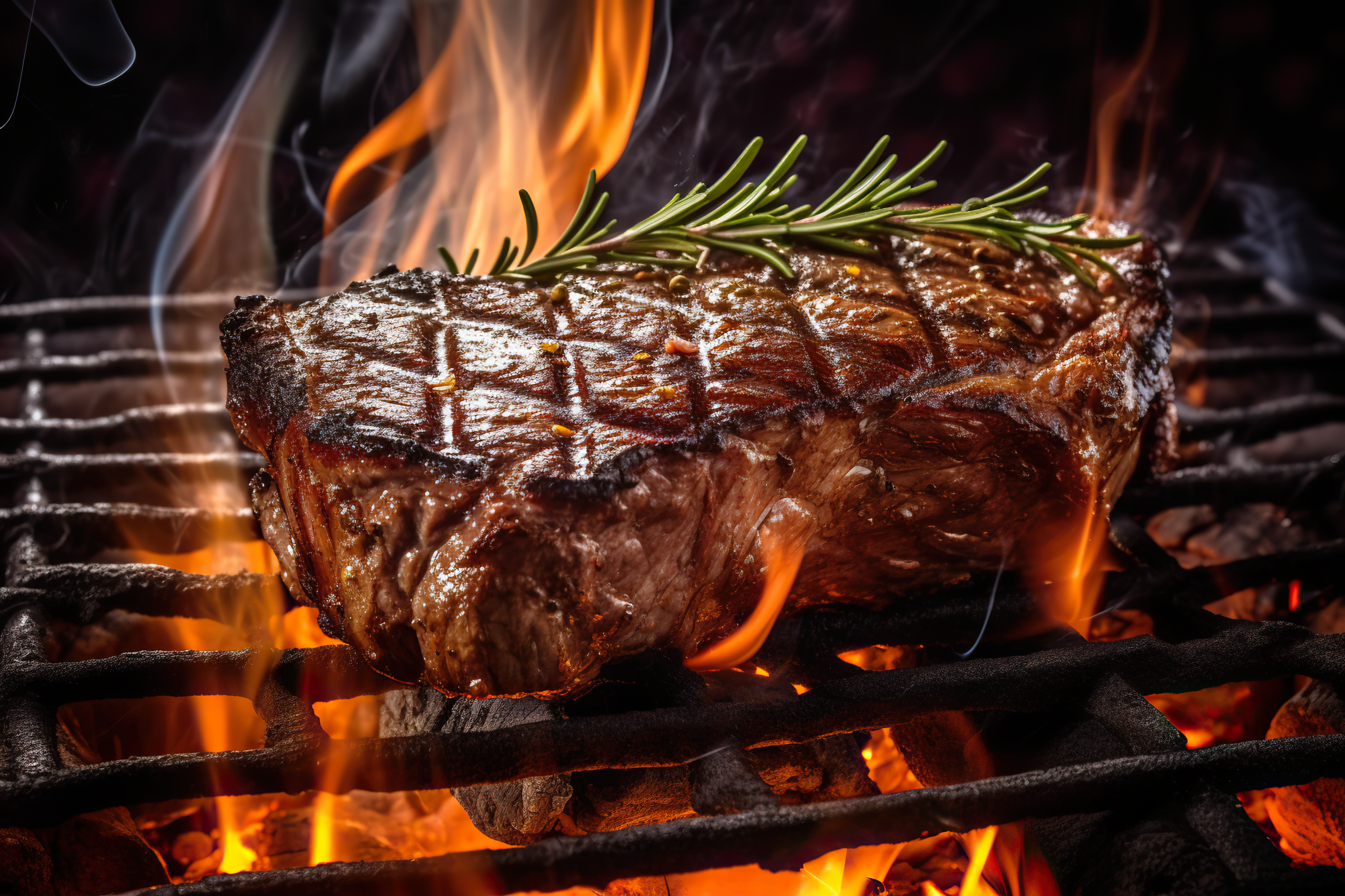 Beef steak on the grill with smoke and flames