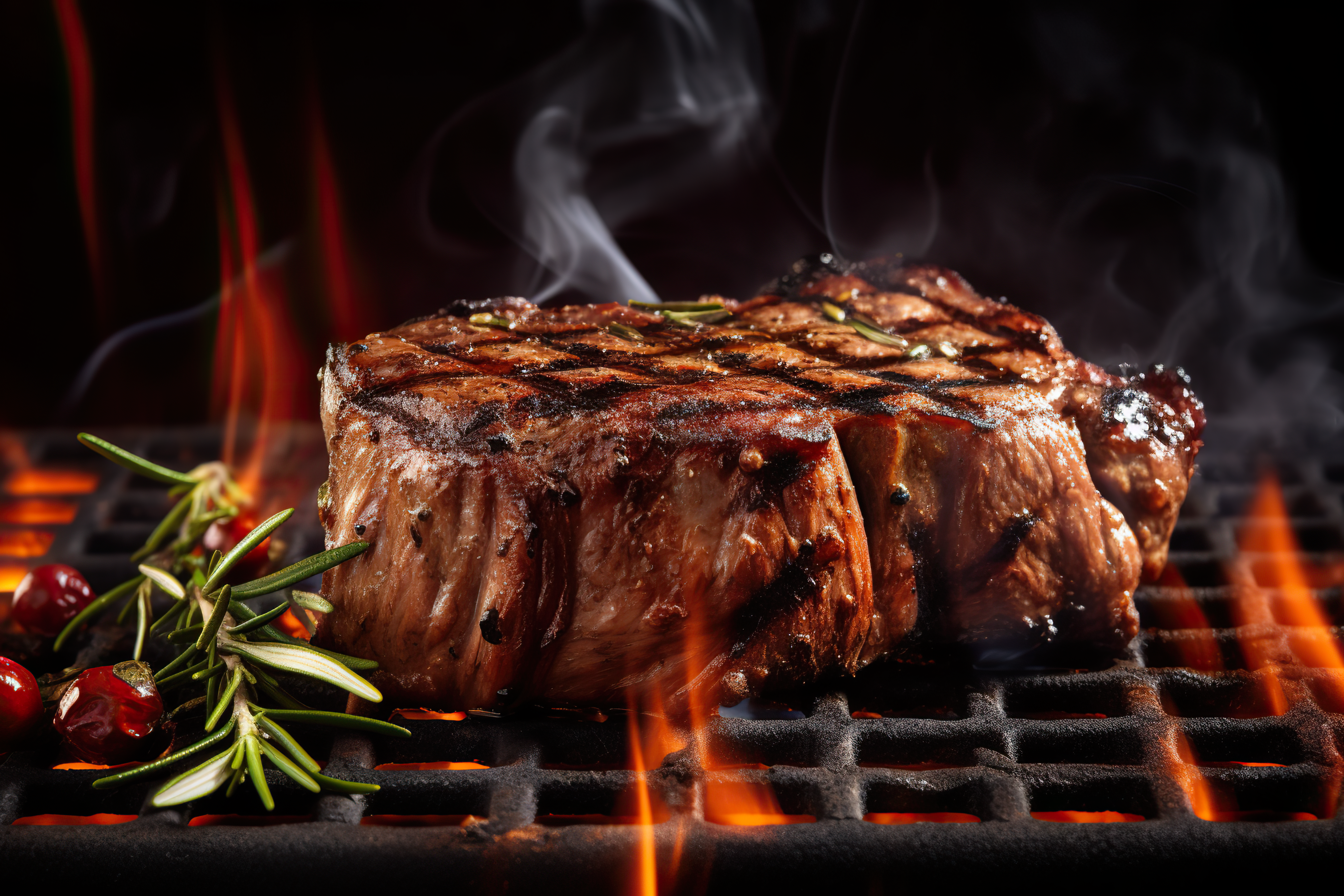 Beef steak on the grill with smoke and flames